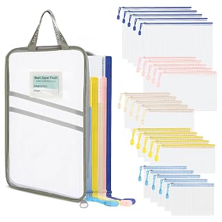 25-Pack Mesh Zipper Pouch Set with 1 Organizer Bag, 5 Sizes (A4 A5 A6 Bill B6) Clear Waterproof File Bags for Classroom Organization, Puzzle Storage & Large Scale Home Sorting (26pcs) - Amazon product rated Grade A