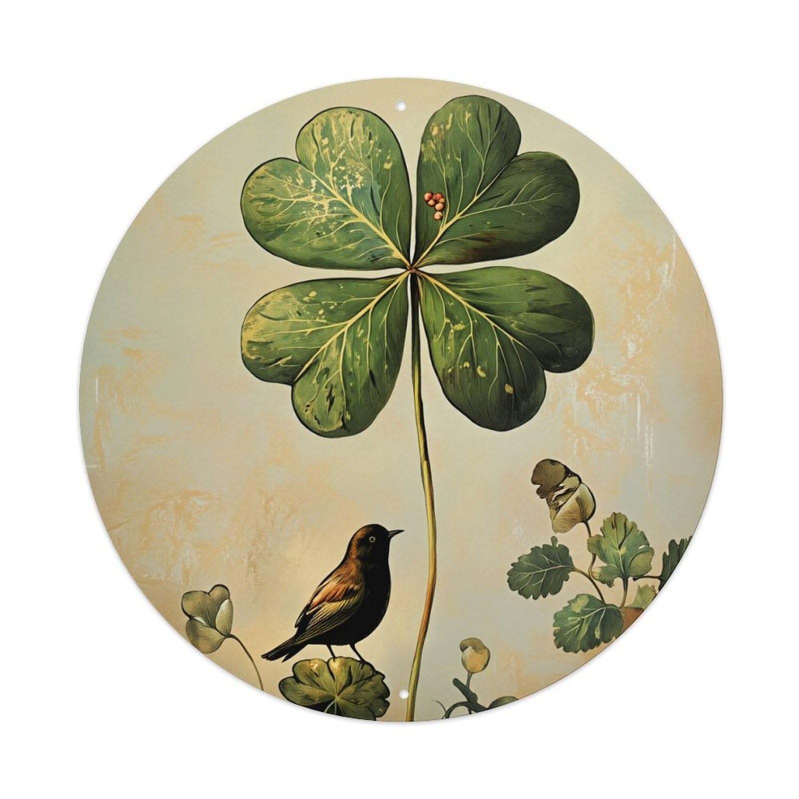 Four Leaf Clover Bird Plant Round Tin Sign Vintage Metal Poster, Home Bar Garage Man Cave Cafe Indoor & Outdoor Wall Decoration 8x8Inches