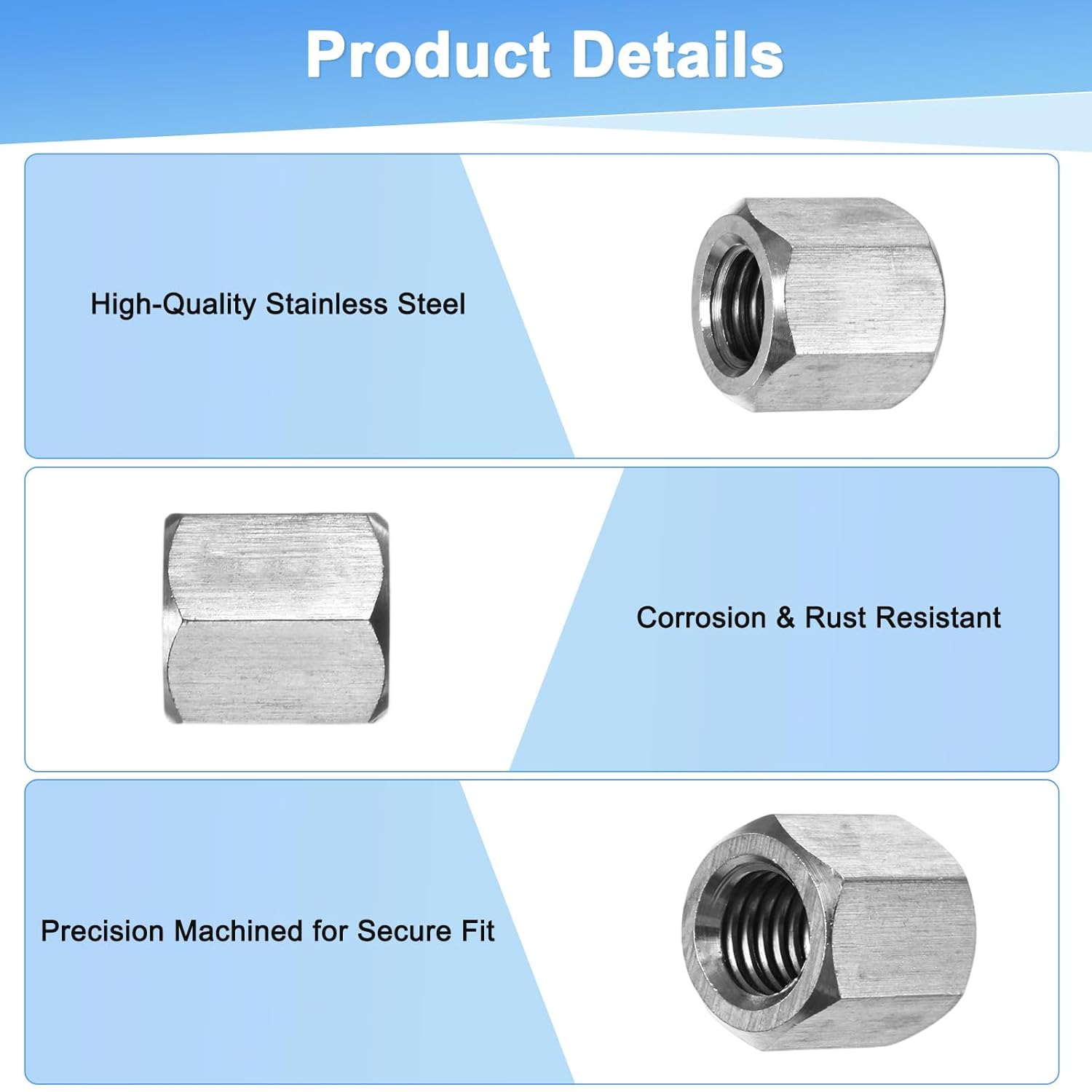 3-Pack 1/2"-13 UNC Hex Coupling Nuts, 0.79" Length 304 Stainless Steel Fully Threaded Rod Coupling Nut, Studding Connector Fasteners for Industrial/Mechanical[Silver Tone]