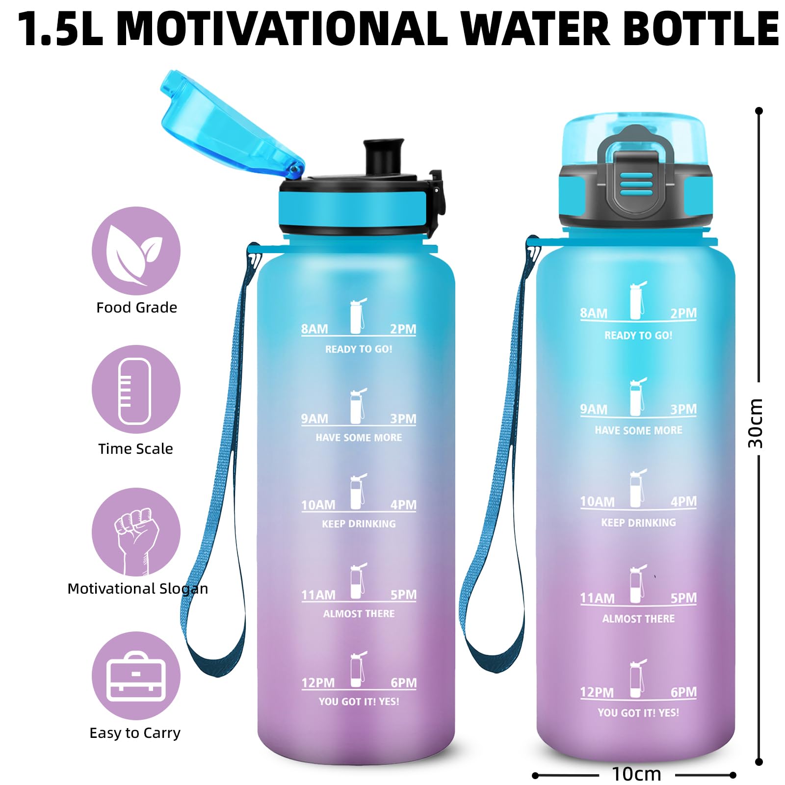 Borraccia 1,5 litri, Borraccia Palestra, Borracce Senza Perdite, Borracce Motivazionale, Facile da Pulire, Bottiglia Orari, Bottiglia Graduata, Facile da Trasportare, per Fitness, Corsa, Escursionismo