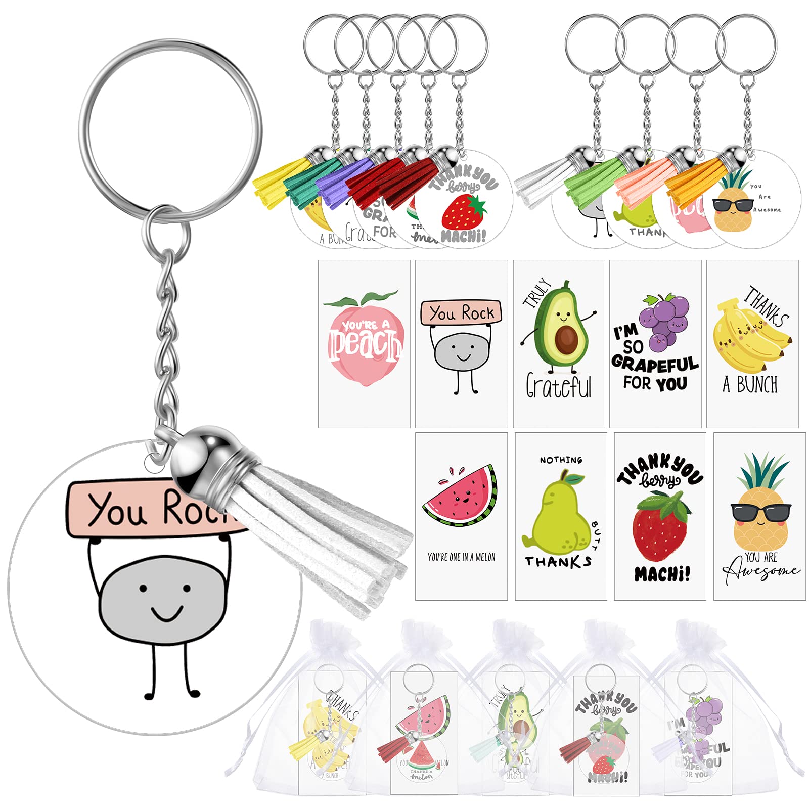 Batiyeer36 Sets Funny Thank You Acrylic Keychains with Cute Fruit Pun Cards Employee Appreciation Gifts Greeting Note Key Rings Thank You Gifts for Team Teacher Student Staff