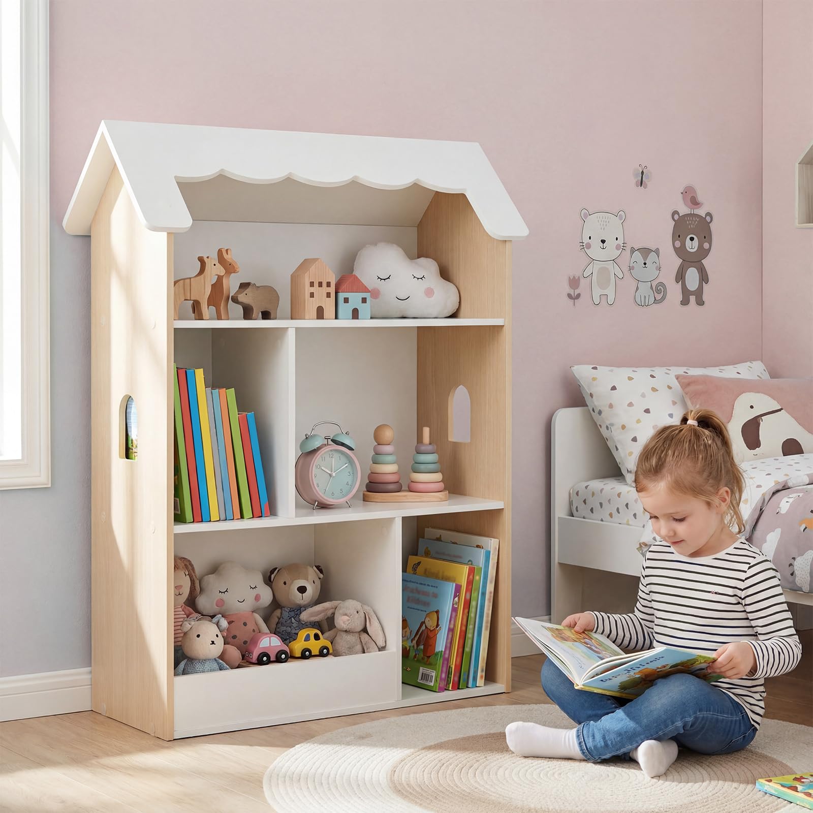 COSTWAY Librería Infantil de 3 Niveles, Estantería para Niños en Forma de Casa con Estantes Abiertos, Armario Organizador de Juguetes de Madera para Sala de Juegos Habitación Infantil Guardería