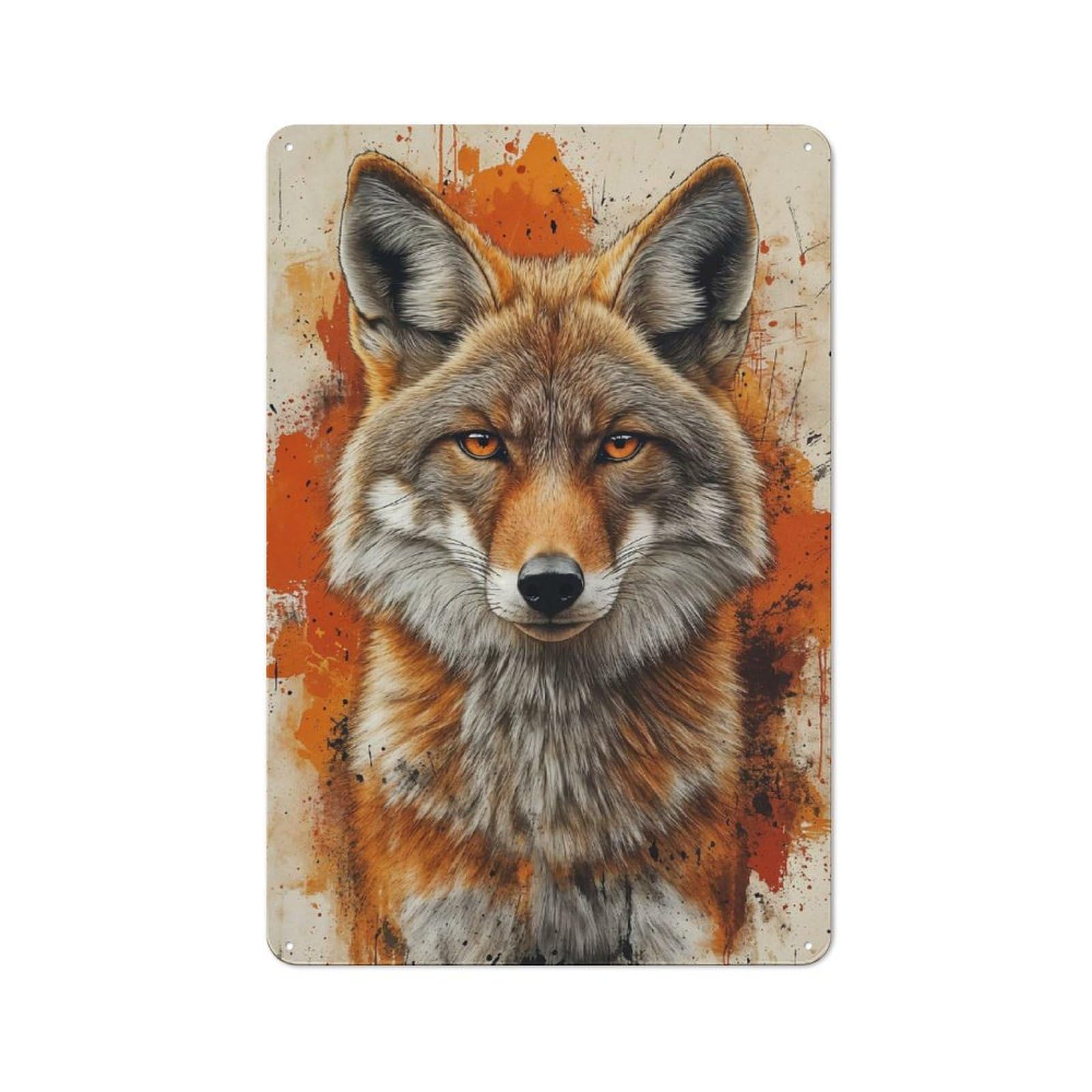 Junmoney Style-1 Country Metal Sign With Coyote Portrait With Orange Splatter Background Design 30X20cm, Barn Style Farmhouse Wall Decor For Farmhouse Kitchen, Pantry Or Dining Area