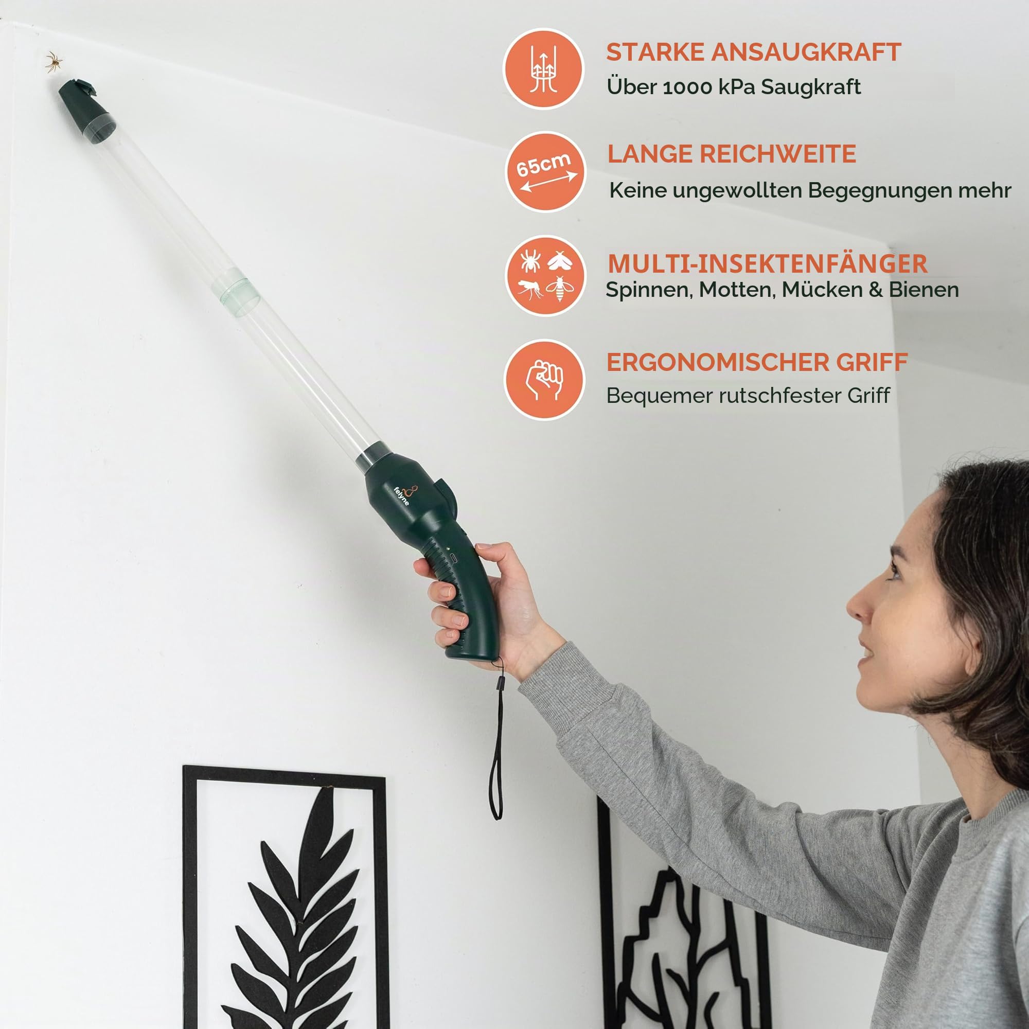 Aufladbarer Insekten- und Spinnenfänger Vakuum, Starke Saugkraft, Lange Reichweite, Handgerät für Insektenfalle für drinnen & Garten, für Kinder & Erwachsene von Felyne