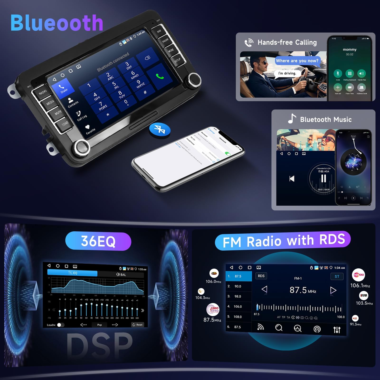 4G y 64G 7" Radio de Coche Bluetooth para VW Golf 5 6 Polo Passat Skoda Touran Seat Inalámbrico Carplay Android Auto, WiFi GPS Navi HiFi RDS/FM Radio 2 DIN con cámara de Marcha atrás AHD/DVR/Canbus