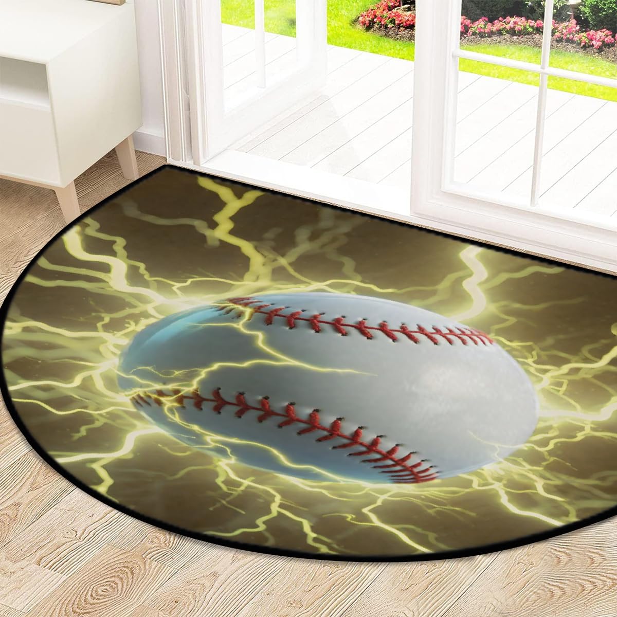 Große halbrunde Fußmatte – Baseball Lightning rutschfest, saugfähig, halbrund, Eingangsbereich, niedlich, weich, halbrund, waschbar, Teppich für Küche, Badezimmer, Schlafzimmer, 160 x 100 cm