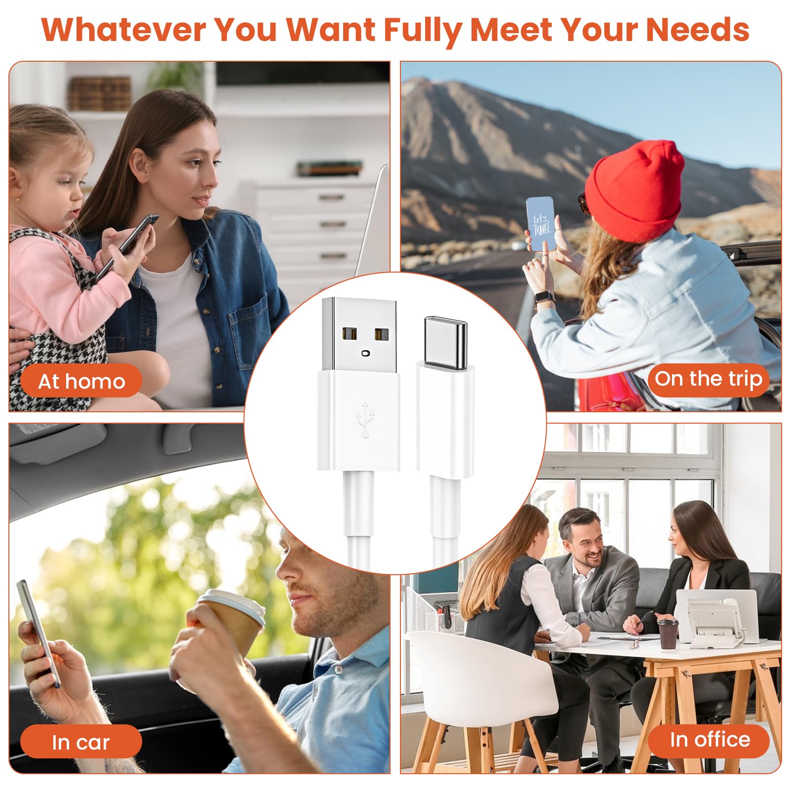 Kabel USB na USB-C z CarPlay, 4 x kabel USB A do szybkiego ładowania 1,8 m + 1,8 m do iPhone'a 16/16 Plus/16 Pro/16 Pro Max/15/SE, Pixel A15/A25/A35/A54/A5, Galaxy S24/S23/S22/S21/S20