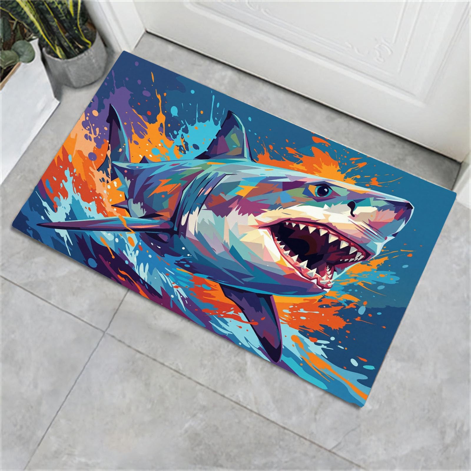 Paillasson à requin tapis style pop art bleu pour porte d'entrée