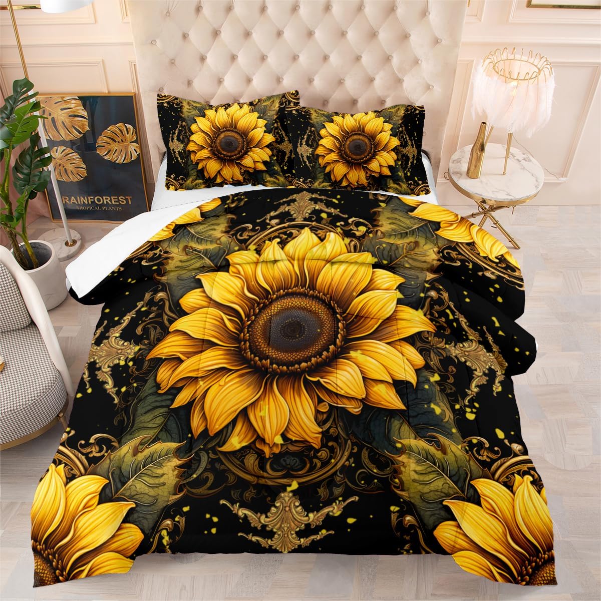 Sunflower Comforter Set Queen Size Women Retro Sunflower Bedding Set Dark Gold Plants Print Decor Down Comforter 3 Pcs Soft Lightweight Microfiber Bed Set with 2 Pillowcases