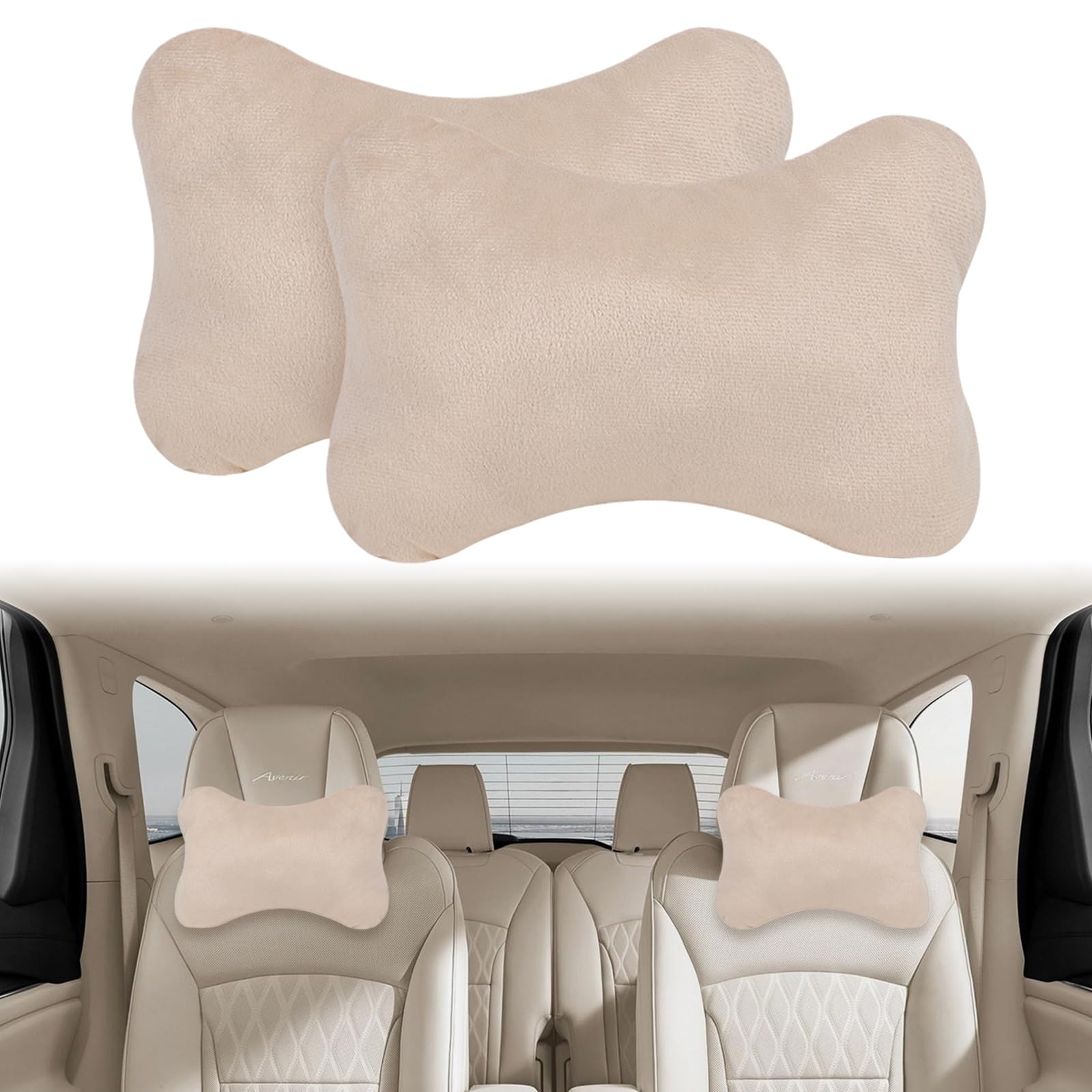 Vagcars Beige 2Pcs Car Neck Pillow,Auto Headrest,Soft Breathable Car Head Support With Elastic Strap/Wash Removable Cover,Universal Neck Cushion For Driving Office Camping,Comfortable Ergonomic Design (Beige)