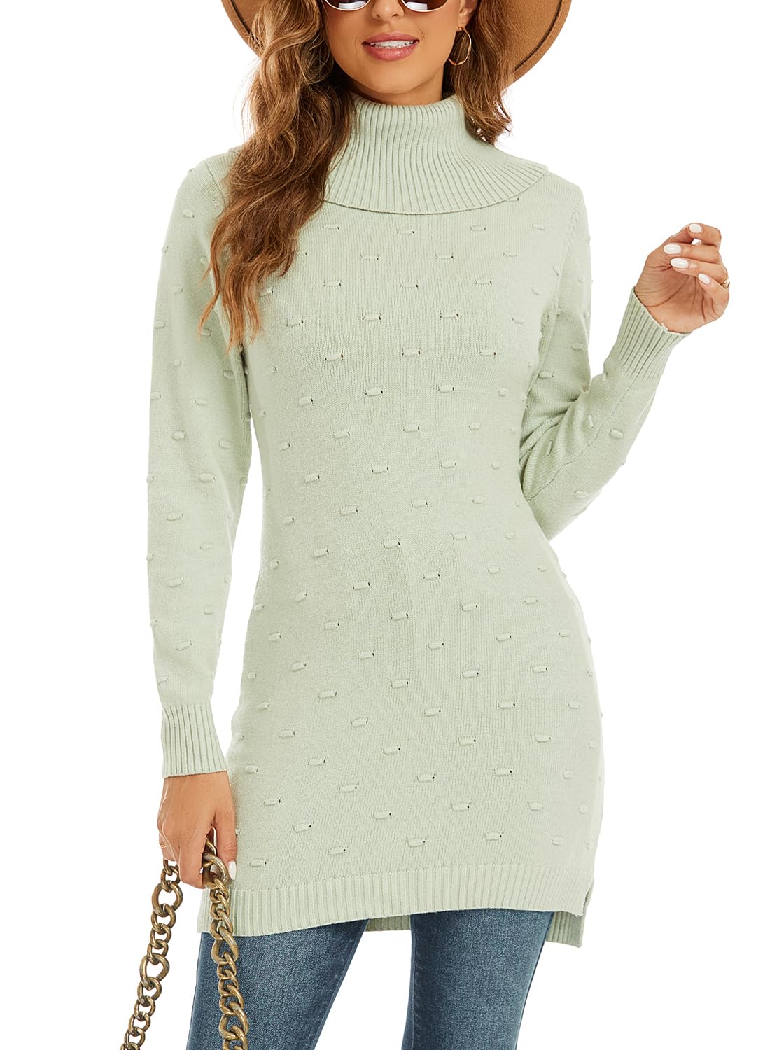 NLAND Maglione in Vestito Donna Invernale Abito Lunghe Cuello Casuala Solido Maniche Lunga Adatto Alto Elegante Caldo Aderente Pullover Maglia