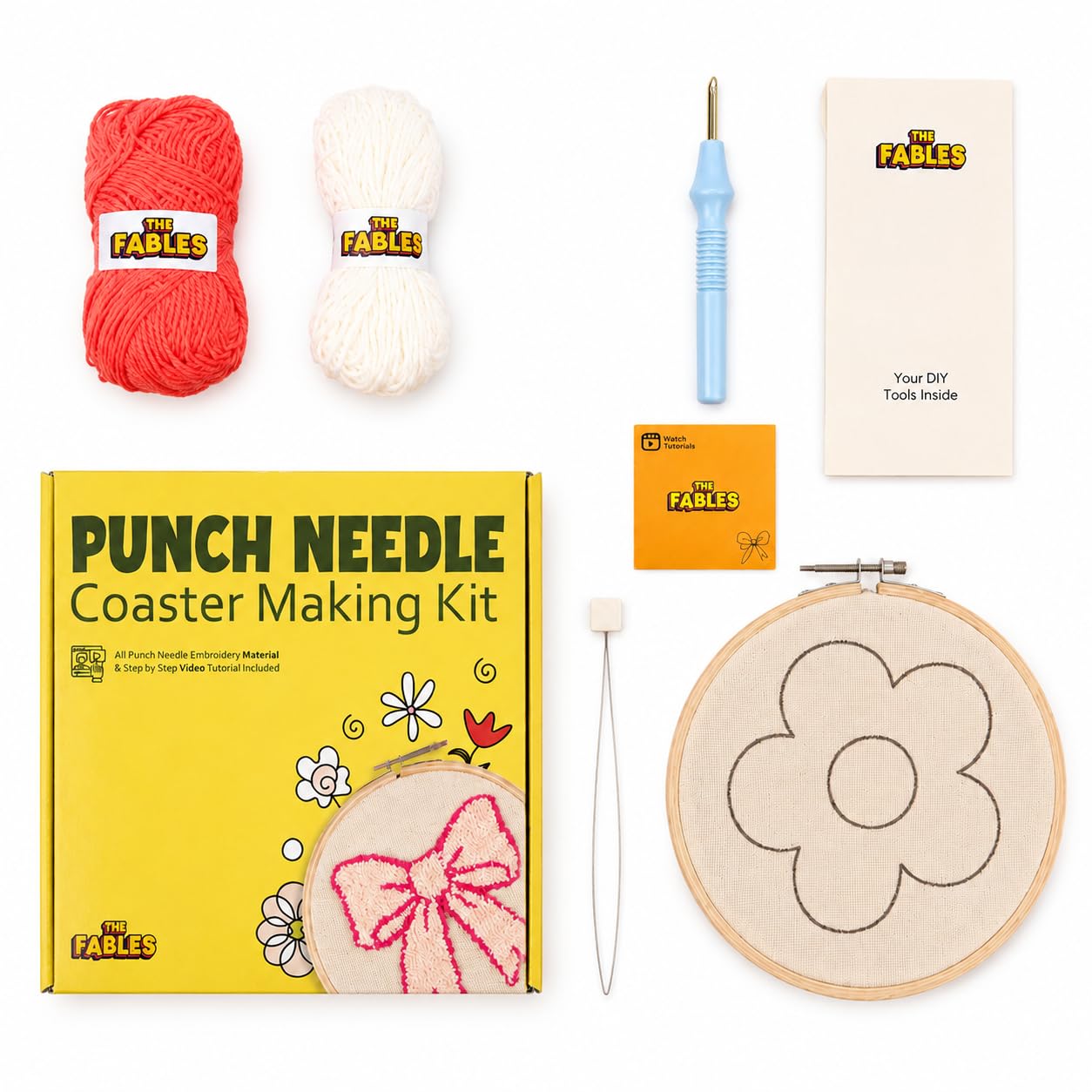 THE FABLES DIY Punch Needle Flower Kit Pack of 1 for Beginners, Coral and White Floral Design, with Embroidery Hoop-image-49