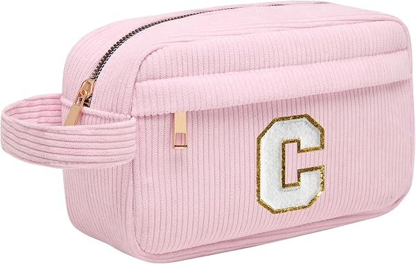 Borsa per cosmetici per donna Personalizzata Iniziale, Pochette Trucchi Viaggio con Tasca Interna, Trousse Trucchi Organizer Cosmetici, Regalo Compleanno Natale Ideale per Donne Ragazze Amic Rosa C - 1