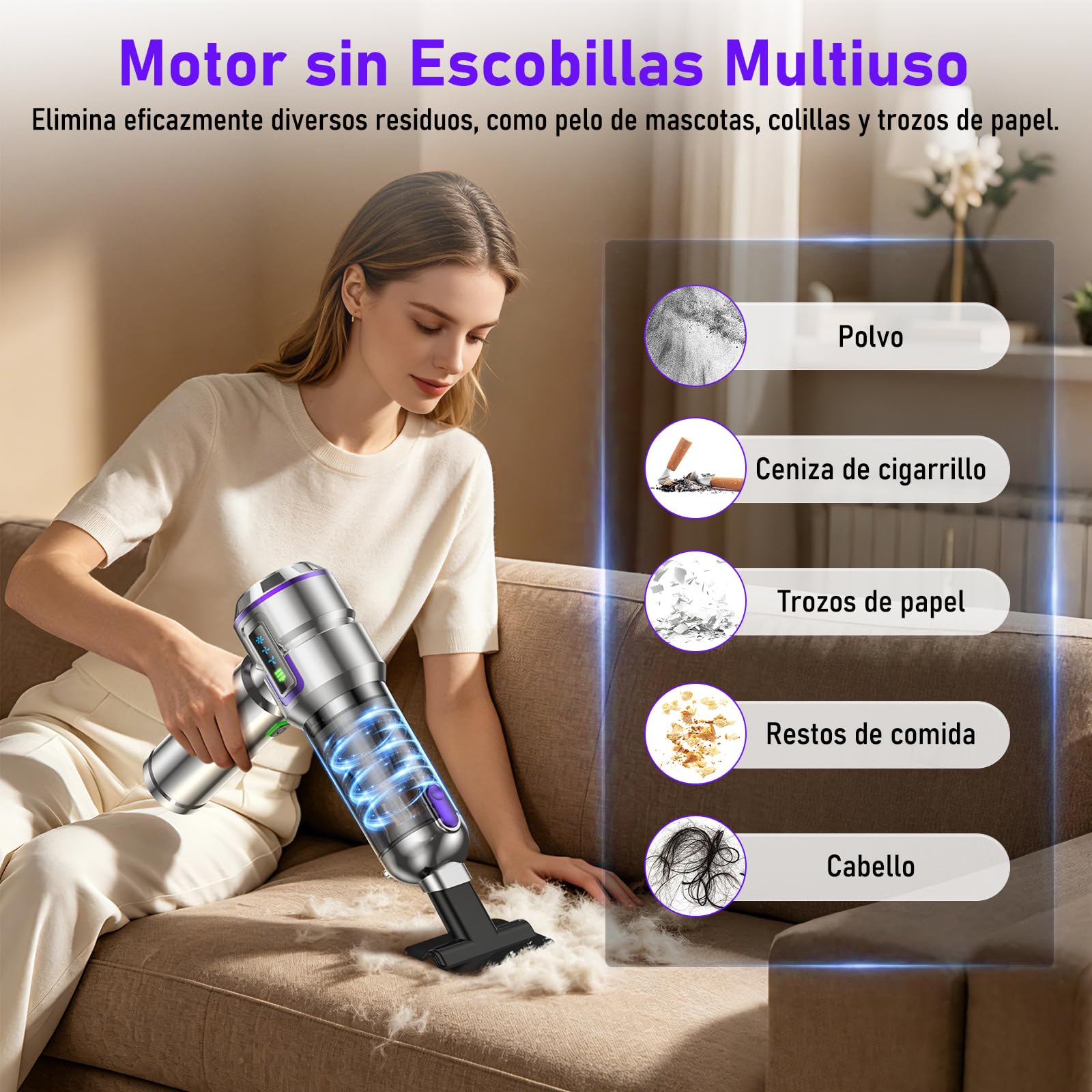 Aspiradora de Mano, 28000Pa Aspiradora sin Cable con Pantalla, 4-en-1 Aspiradora para Coche y 1 Toque, Auto-Aspirador con Motor sin Escobillas y 3 Velocidades para Casa/Oficina/Coche/Pelos, Plateado