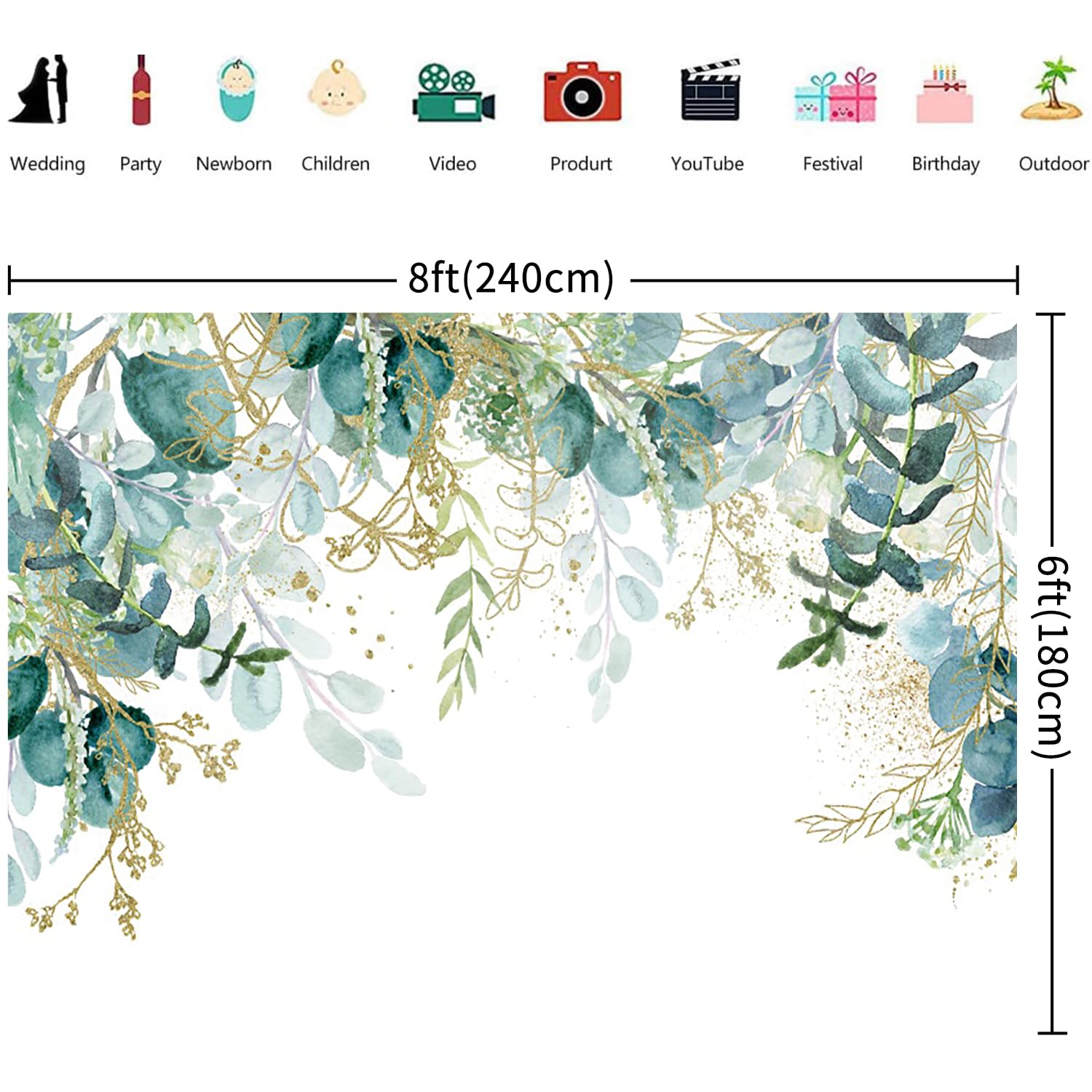 2.4x1.8m Telón de Fondo Verde Oro y Hojas de eucalipto Verde Fotografía Fondo Novia Baby Shower Cumpleaños Fiesta de Bodas Decoraciones Banner Photo Booth Props