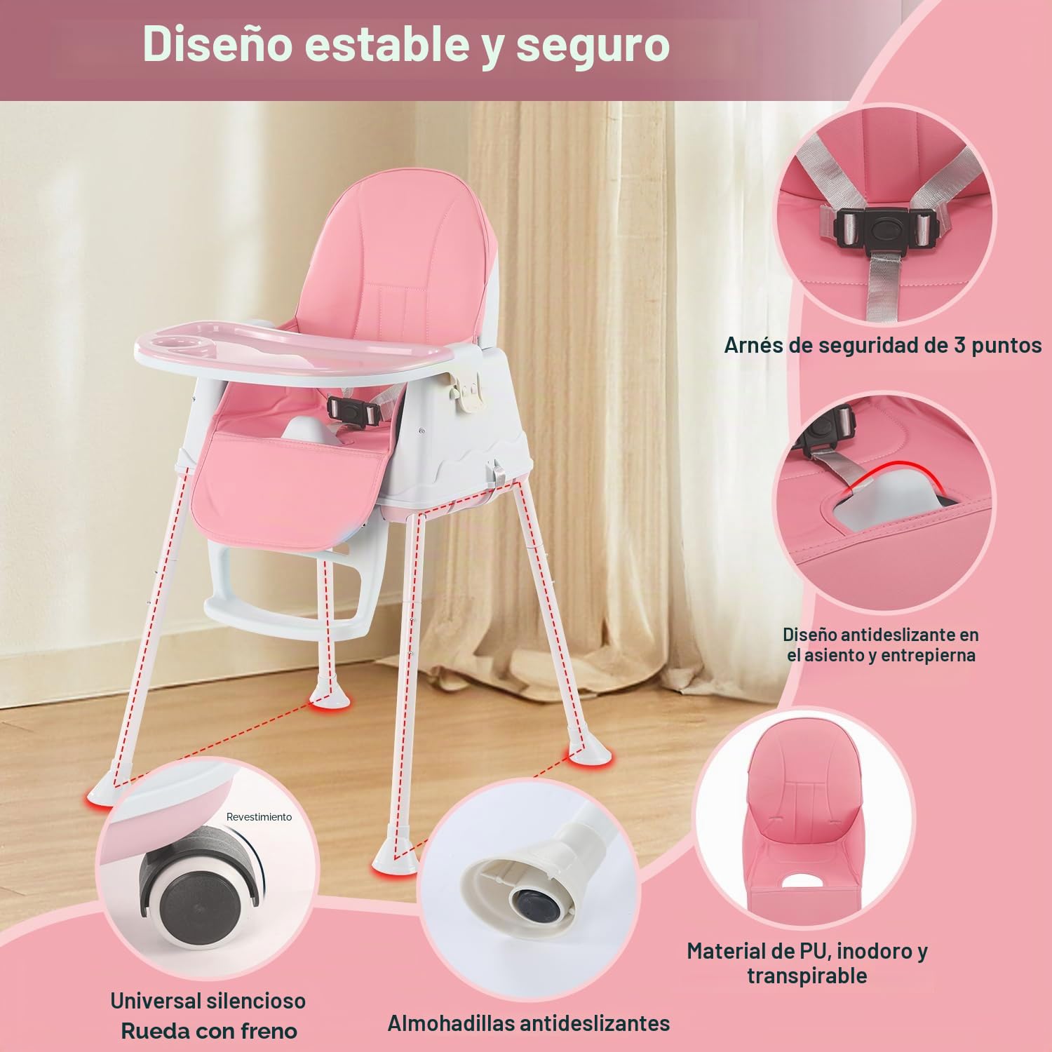 Trona ajustable 4 en 1, asiento de alimentación alto, silla de mesa para niños pequeños, trona con tabla de comedor y cinturón de seguridad de 3 puntos, rosa (rosa)