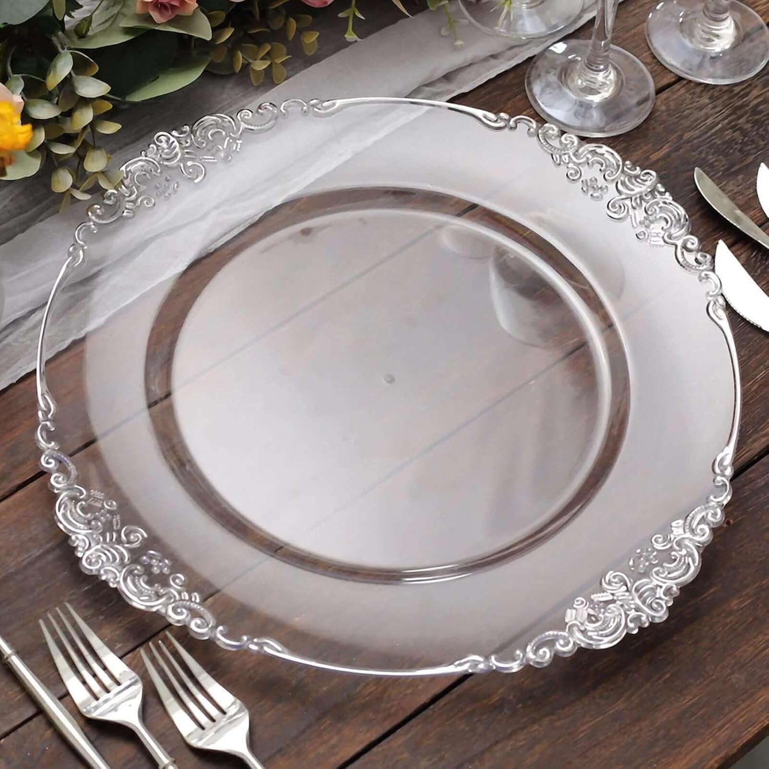 Efavormart 13" Charger Plates -Set of 12 - Acrylic Clear Silver Round Baroque Disposable Chargers Leaf Embossed Rim, Perfect for Galas, Anniversary Dinners, Coastal Themes