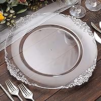 Vista 2 de Efavormart 6 Pack de 13 Pulgadas Platos de Carga Redondos Claros con Borde Tallado en Hojas Barrocas de Plata para Decoración de Mesa, Evento