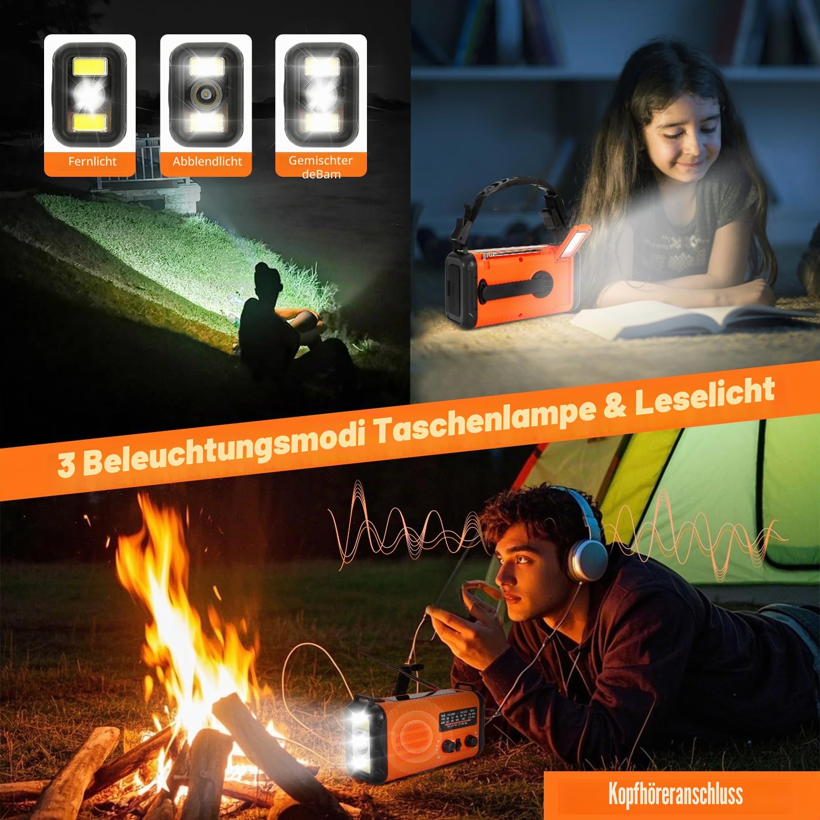 Notfall-Solar-Kurbelradio mit 20.000 mAh, AM/FM NOAA tragbares Wetterradio mit USB-Aufladung, Handy-Ladegerät, SOS-Alarm und Taschenlampen-Leselampe, Kopfhöreranschluss, Kompass (orange)