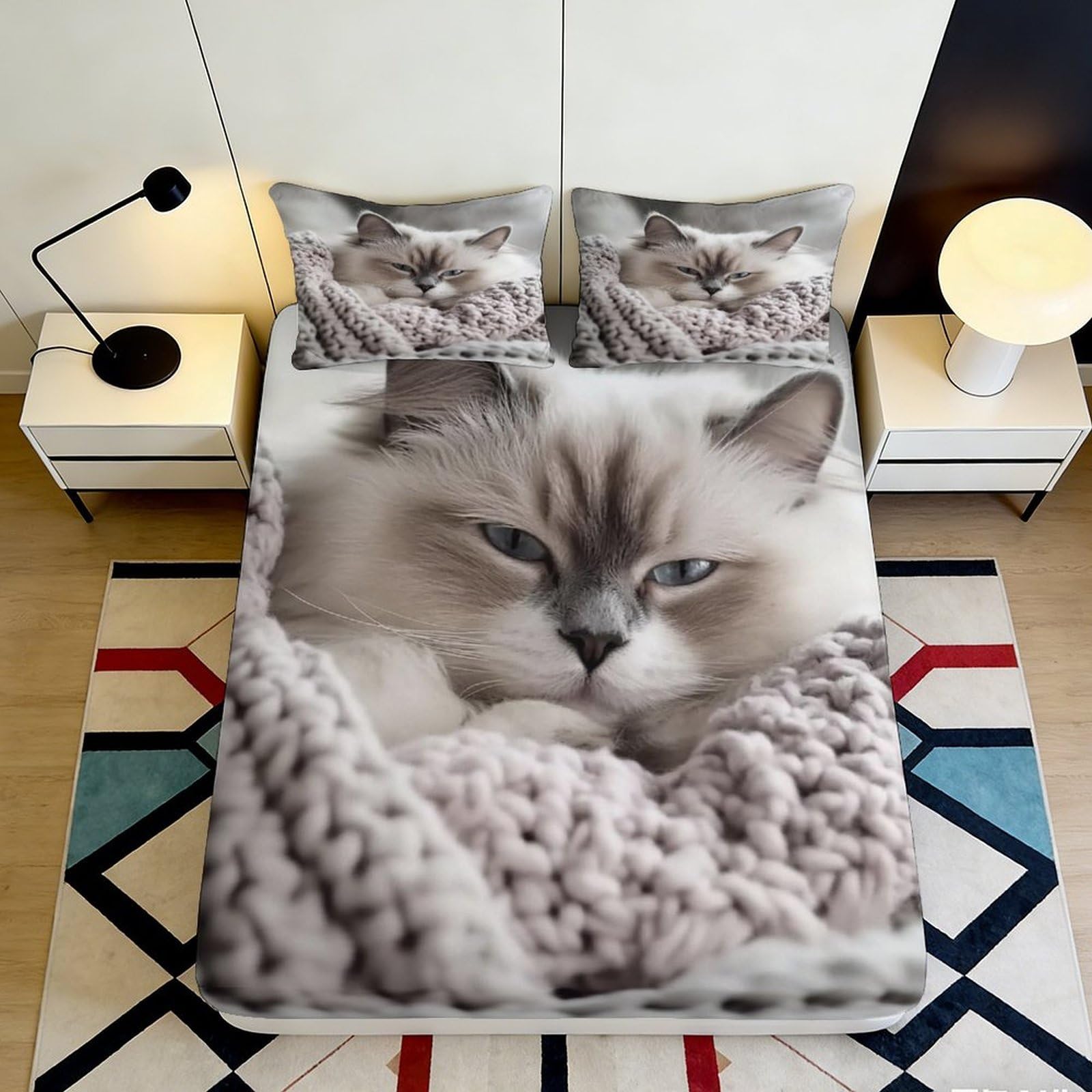 3D Printed Fluffy Cat Fitted Sheet Microfiber Anti-Slip Cozy Kitten Bed Cover for Bedroom Guest Room Mattress Decor 180x200x25cm