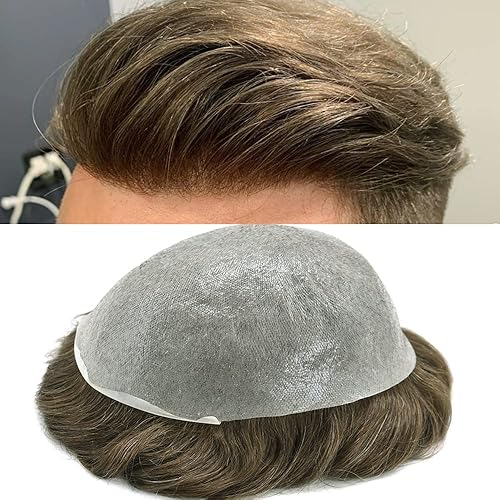 Miniatura 10 de Tupé para hombres con línea capilar invisible, piel fina, 0.002 in, tupé para hombre, sistema de cabello humano Remy con bucle en V, base de