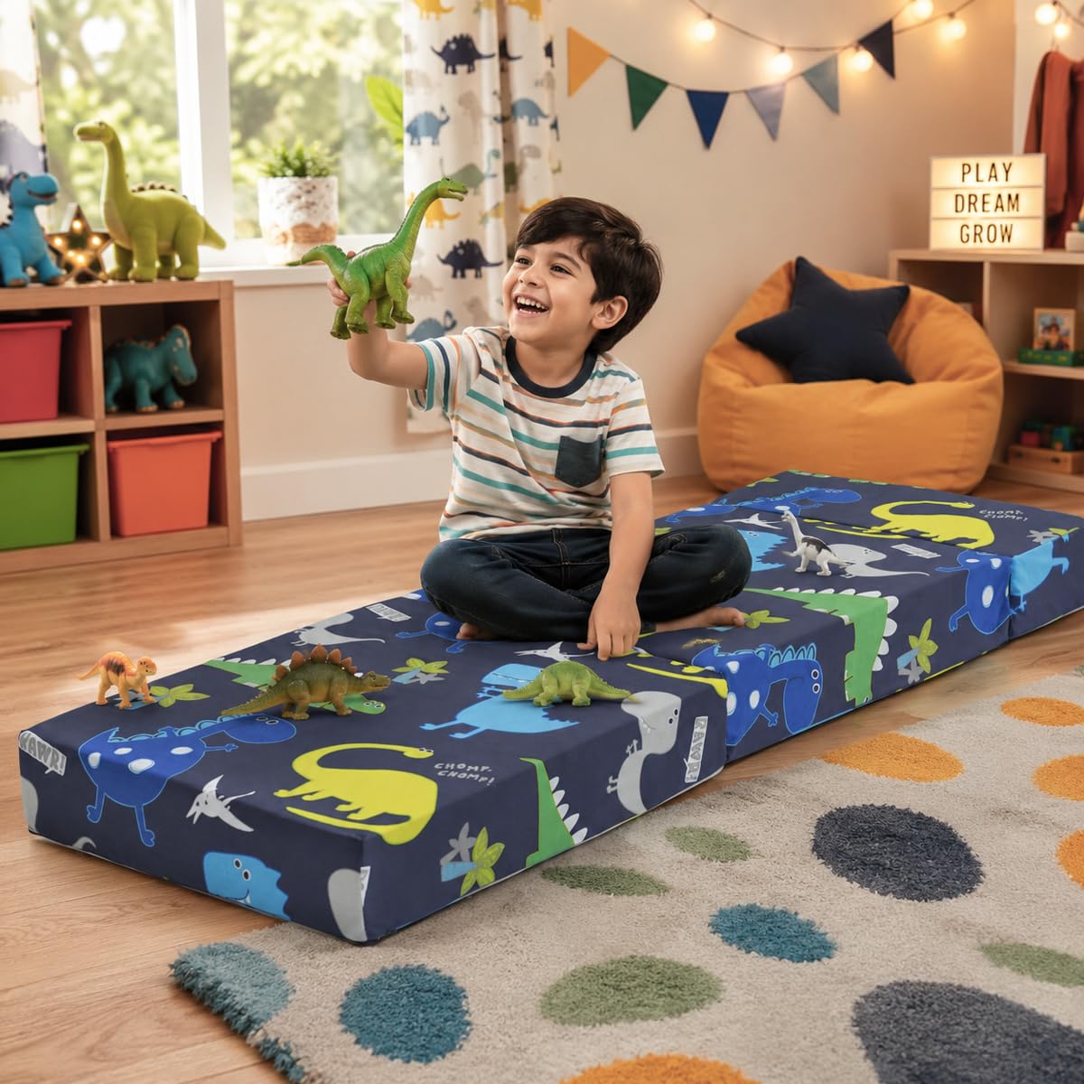 Canapé-lit pliable pour enfants - Fauteuil de couchage simple pour enfants - Meuble de chambre confortable pour salon et salle de jeux (dinosaure foncé)
