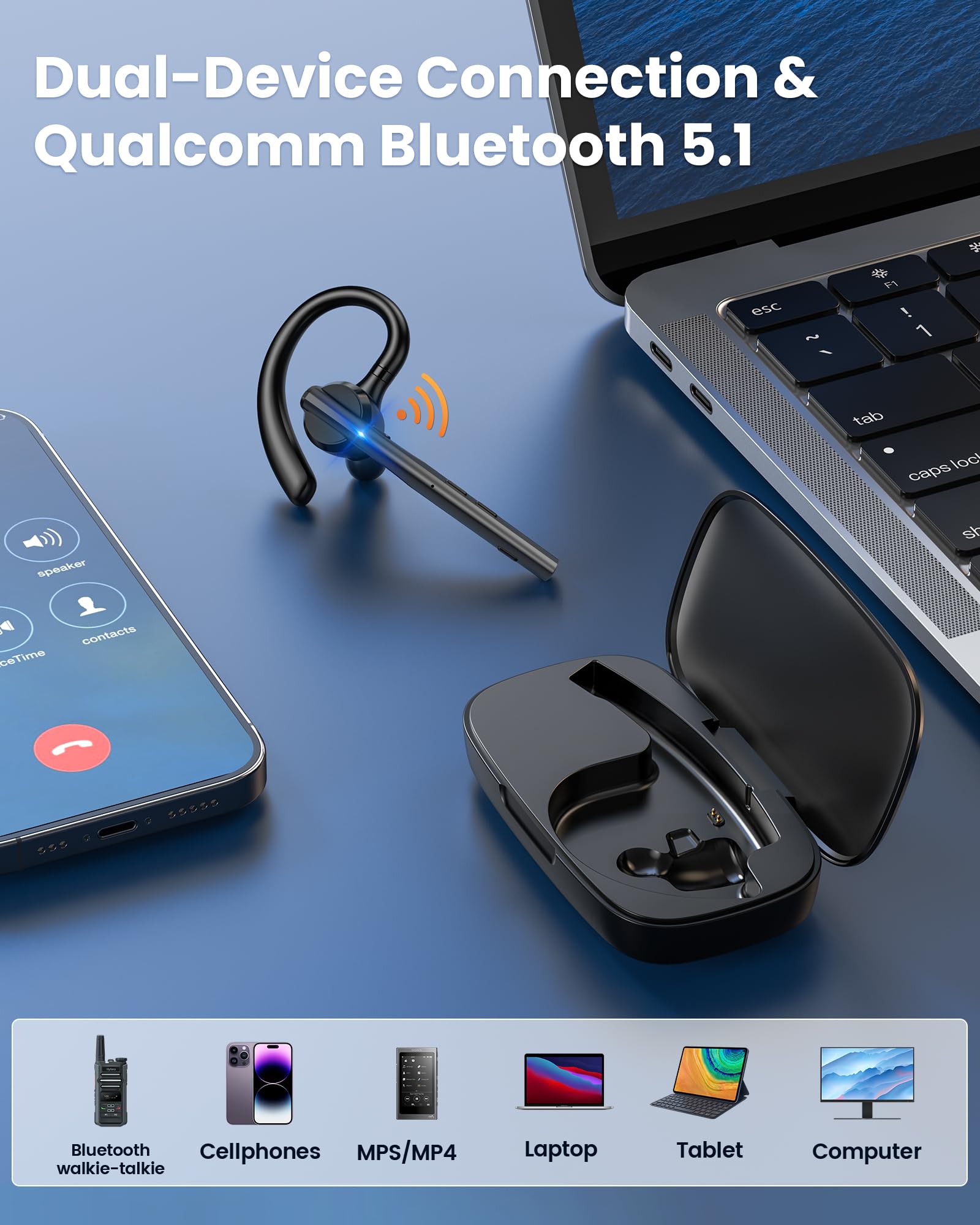 New Bee Auriculares Manos Libres Oreja Bluetooth con Doble Micrófono ENC Cancelación, Bluetooth V5.1 Auriculares Inalambricos Conexión de 2 Dispositivos 12hrs Talk Conducir/Oficina