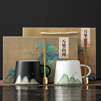 7 oz Coffee Cup Set of 2, Ceramic Espresso Mugs, Porcelain Tea Cup Set with spoon & gift box, Small Coffee Cups for Latte, Espresso, Tea,Dishwasher and Microwave Safe, black,white