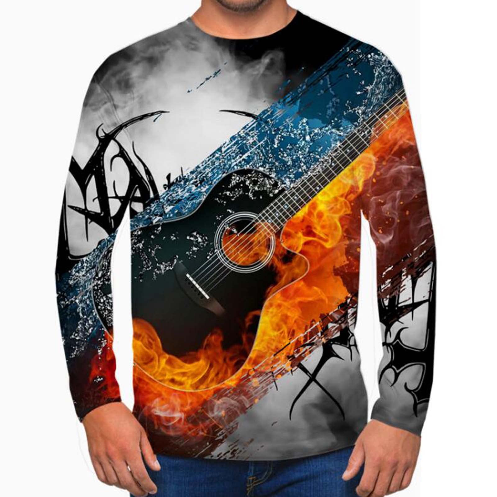 3D Guitar Printed T-Shirts Plus Size for Men Long Sleeve Graphic Tees Fashion Musical Instrument Shirts Pullover Tops