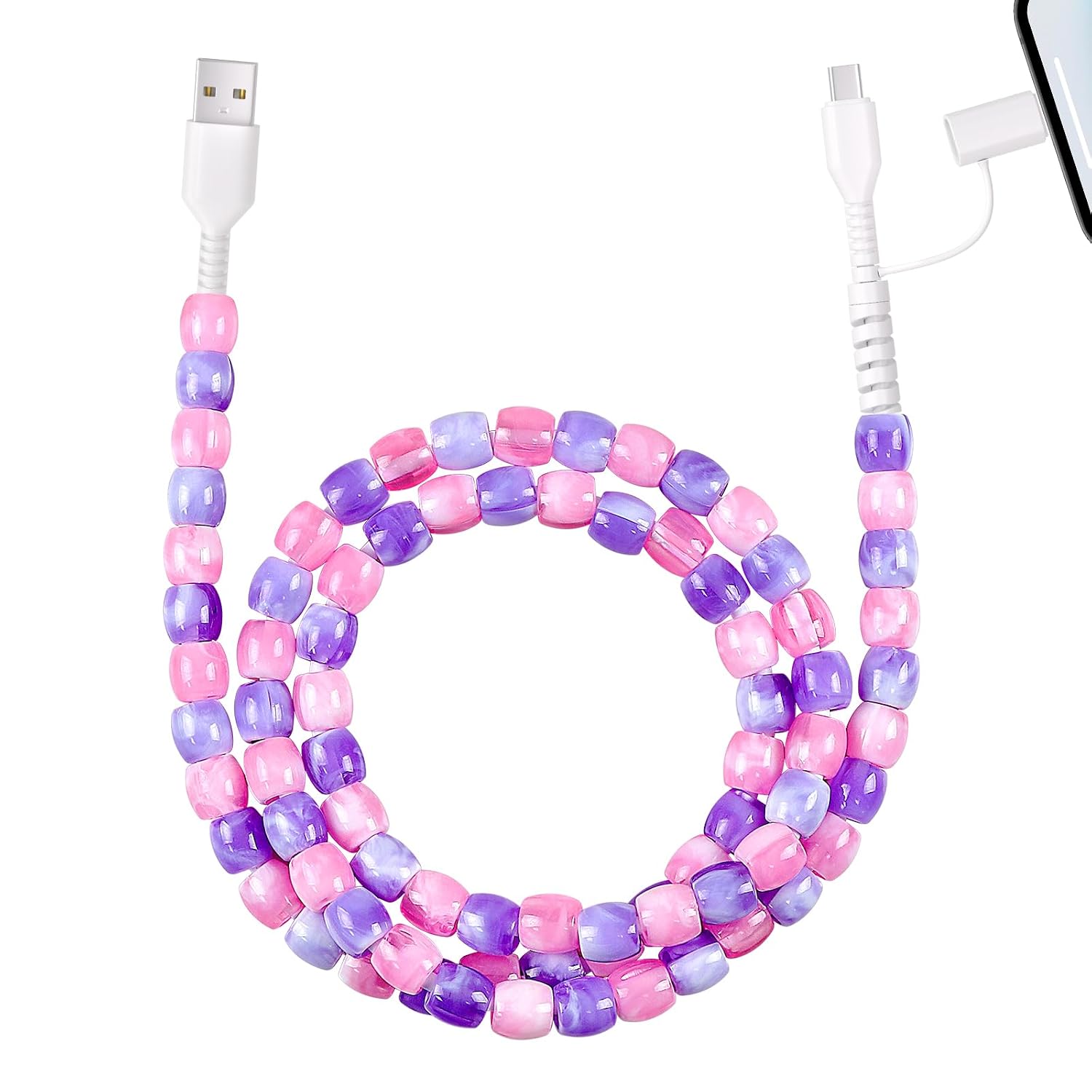 HianDier USB C Cable[MFI Certified] Multi 2 in 1 USB to Type C Fast Charging Cable 3.3FT USB A to iPhone Charger Cord Stylish Crystal Beads Jade Charger Cord Girls for iPhone 17 16 15 14-Pink Purple