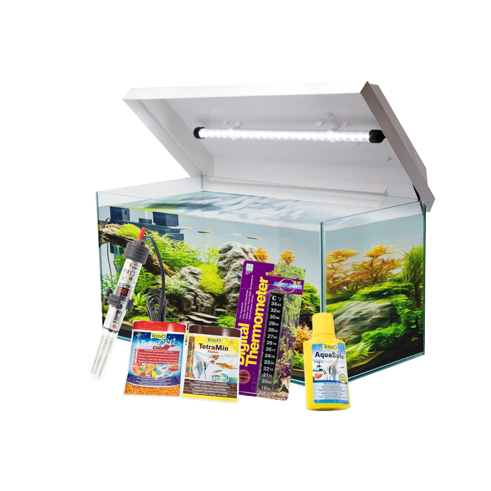 Aquarium Komplettset 54L (60x30x30 cm) mit Juwel LED Abdeckung weiß | Starter-Set inkl. Heizer, Thermometer, Futter & Wasseraufbereiter | Robustes Floatglas Becken | Ideal für Einsteiger