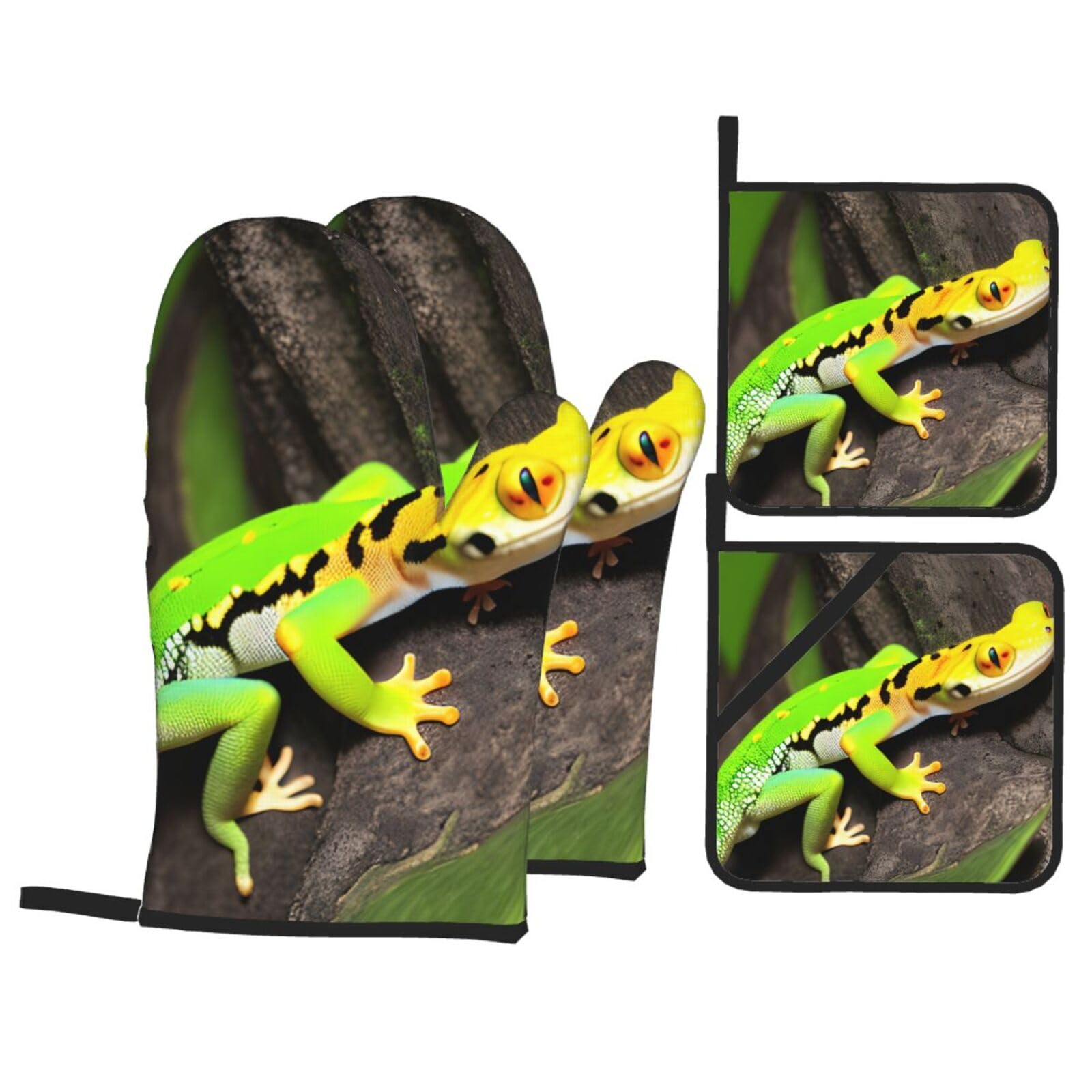 Green Geckos Print 4-Piece Heat-Resistant Oven Waterproof Kitchen Gloves Cooking Roasting Essential