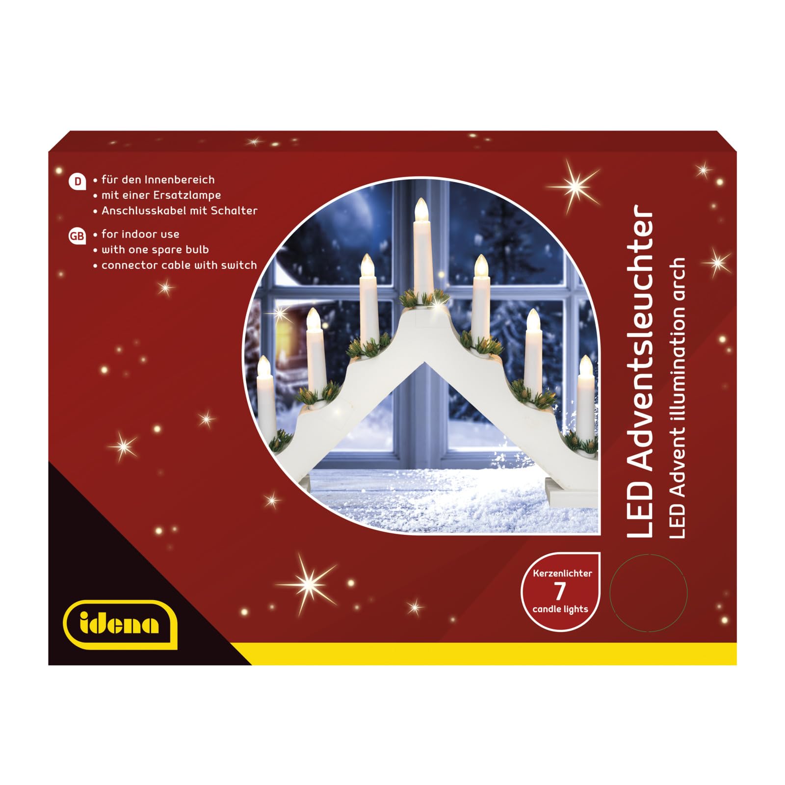 Idena 31837 - LED Adventsleuchter mit 7 LED Kerzenlichtern in Warmweiß, Schwibbogen aus weiß lackiertem Holz, mit Ersatzlampe und Schalter, Deko für Innen, als Winter-, Advents- und Weihnachtsdeko