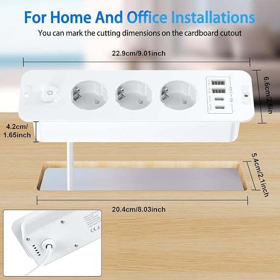 Retractable Socket 3-Way Built-in Power Strip with 4 USB Built-in Socket Multiple Socket Table Socket with 2 USB C Tabletop Recessed Socket - 2 m Cable White