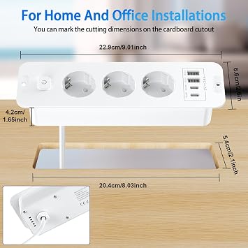 Retractable Socket 3-Way Built-in Power Strip with 4 USB Built-in Socket Multiple Socket Table Socket with 2 USB C Tabletop Recessed Socket - 2 m Cable White