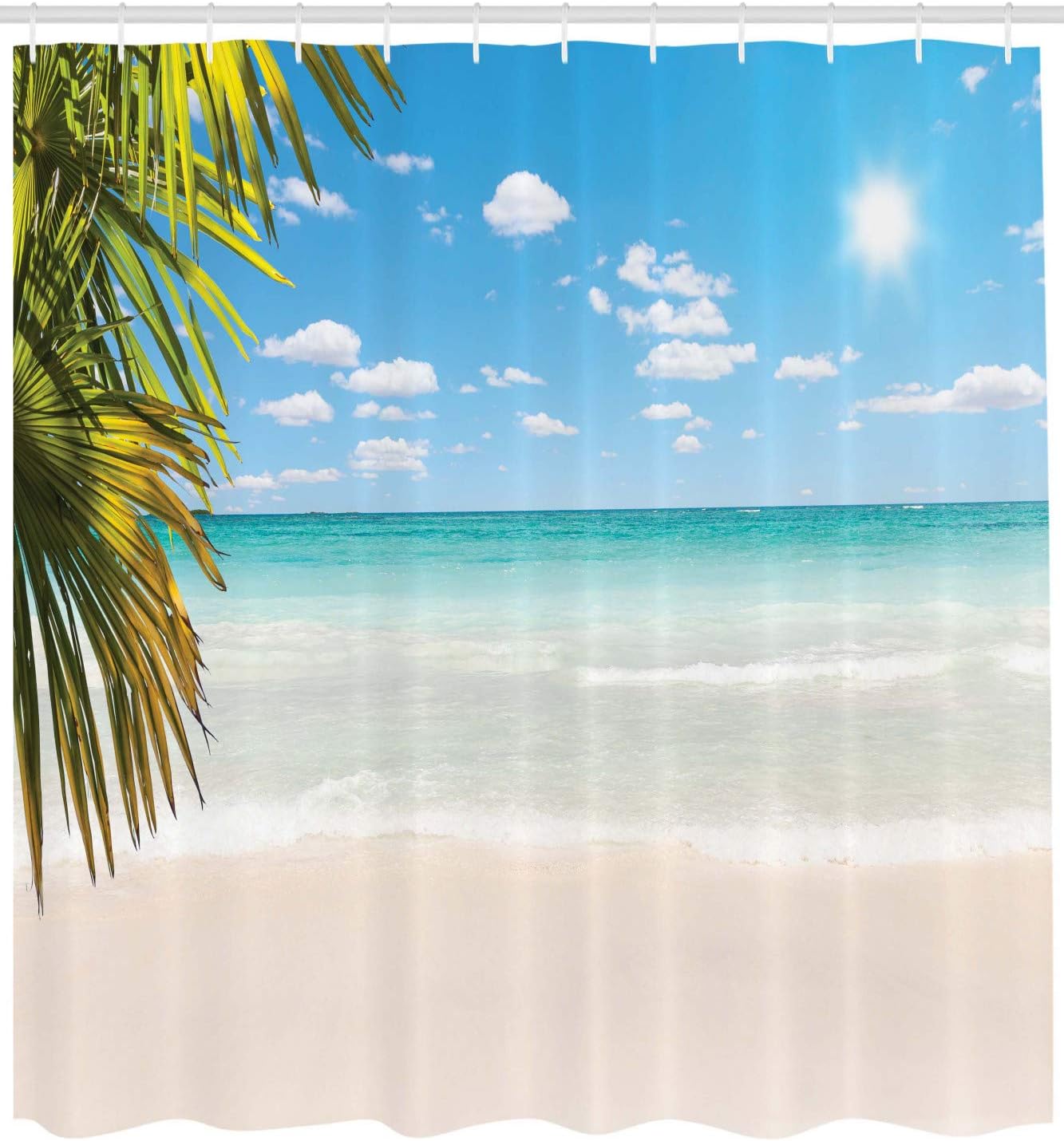 Ambesonne Ocean Shower Curtain, Dreamy Caribbean Beach with Crystal Clear Water Sky and Palm Leaves Print, Cloth Fabric Bathroom Decor Set with Hooks, 69" W x 75" L, Turquoise Cream
