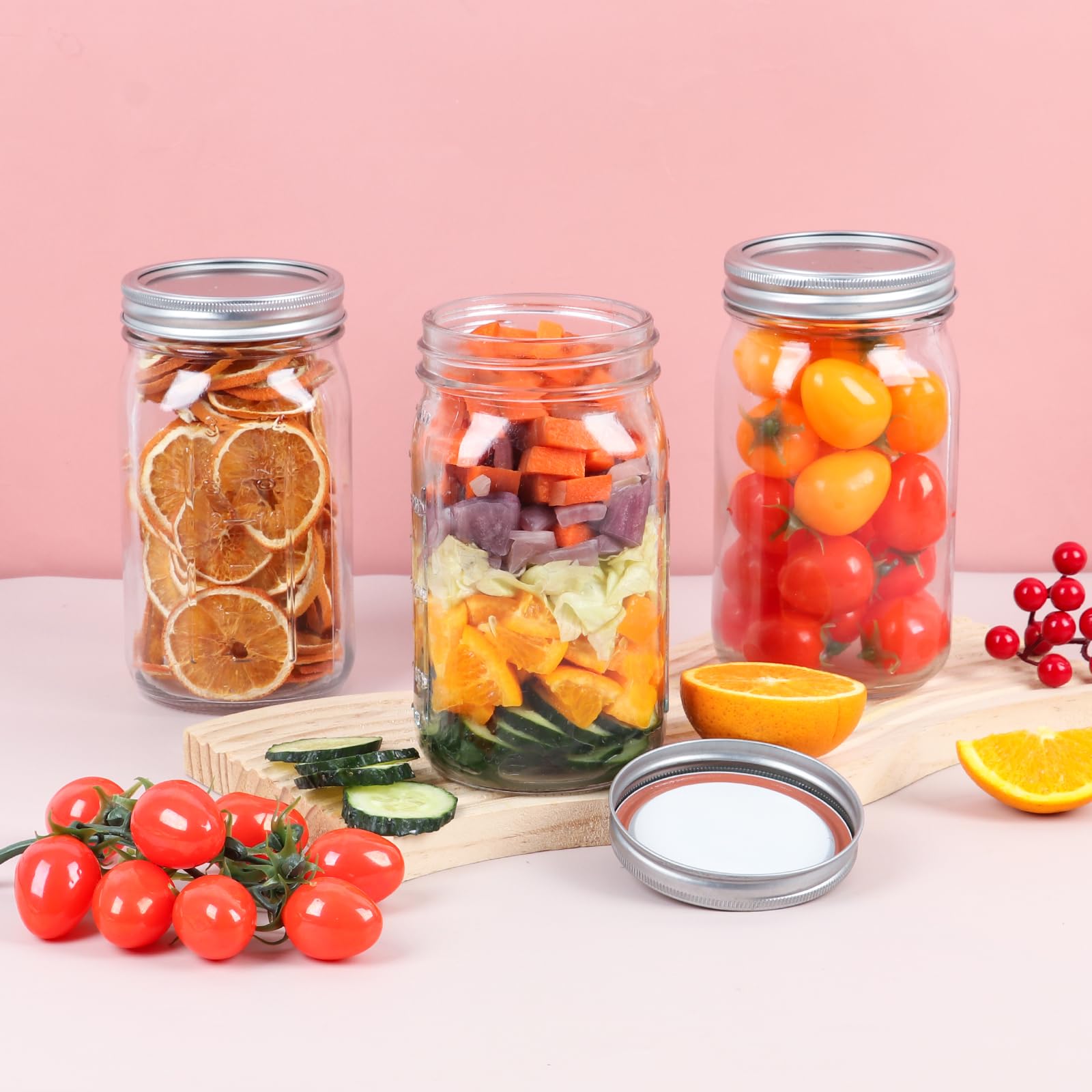 Lot de 6 bocaux Mason en verre de 950 ml avec couvercles et bandes argentés – Pour conserver les aliments en conserve, avoine pendant la nuit, mariner, fermenter, décorer