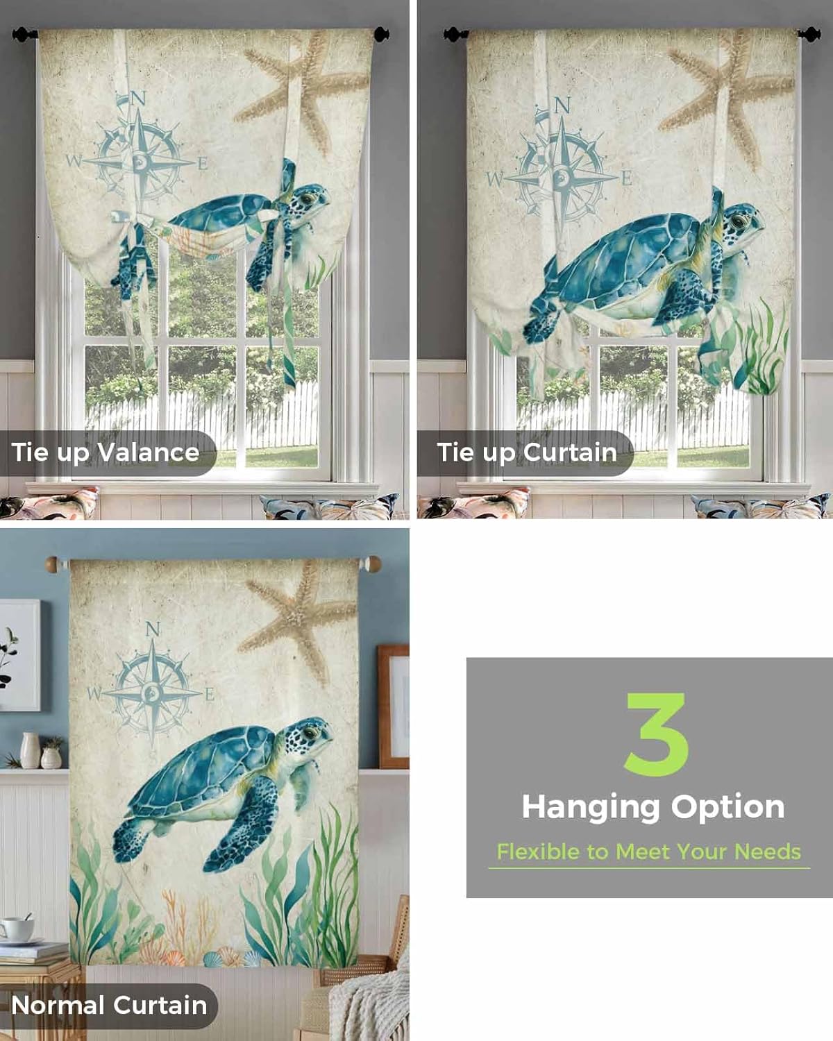Tie Up Curtains Window Shades, Sea Turtle Underwater Starfish World Vintage Pattern Rod Pocket Tie Up Window Shade, Adjustable Balloon Curtain Shade for Blinds Kitchen Bathroom, 1 Panel, 42"x63"