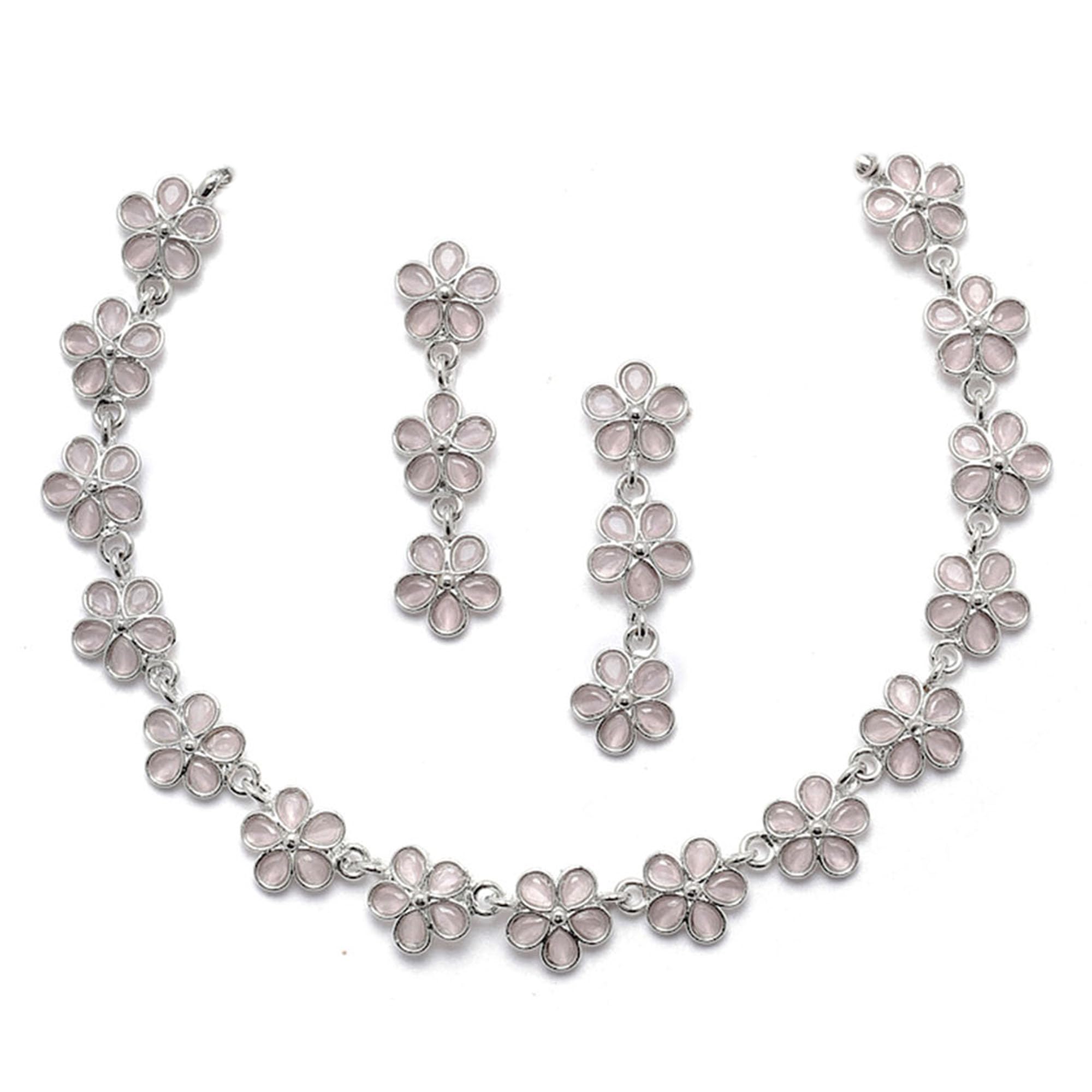 ZENEME Oxidised Silver-Plated Flower Shaped American Diamond Studded Necklace Earrings Jewellery Set for Girls and Women (Pink) (B0C1TH3RW6) Amazon Price History, Amazon Price Tracker