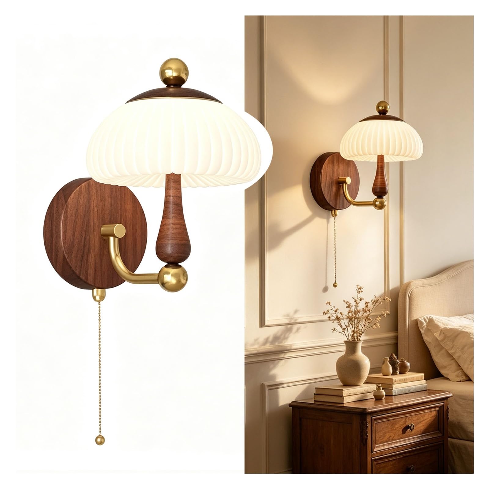 LUOYAOB Walnut Wood Wall Sconce Mushroom Lamp Chrome Accent Fixture