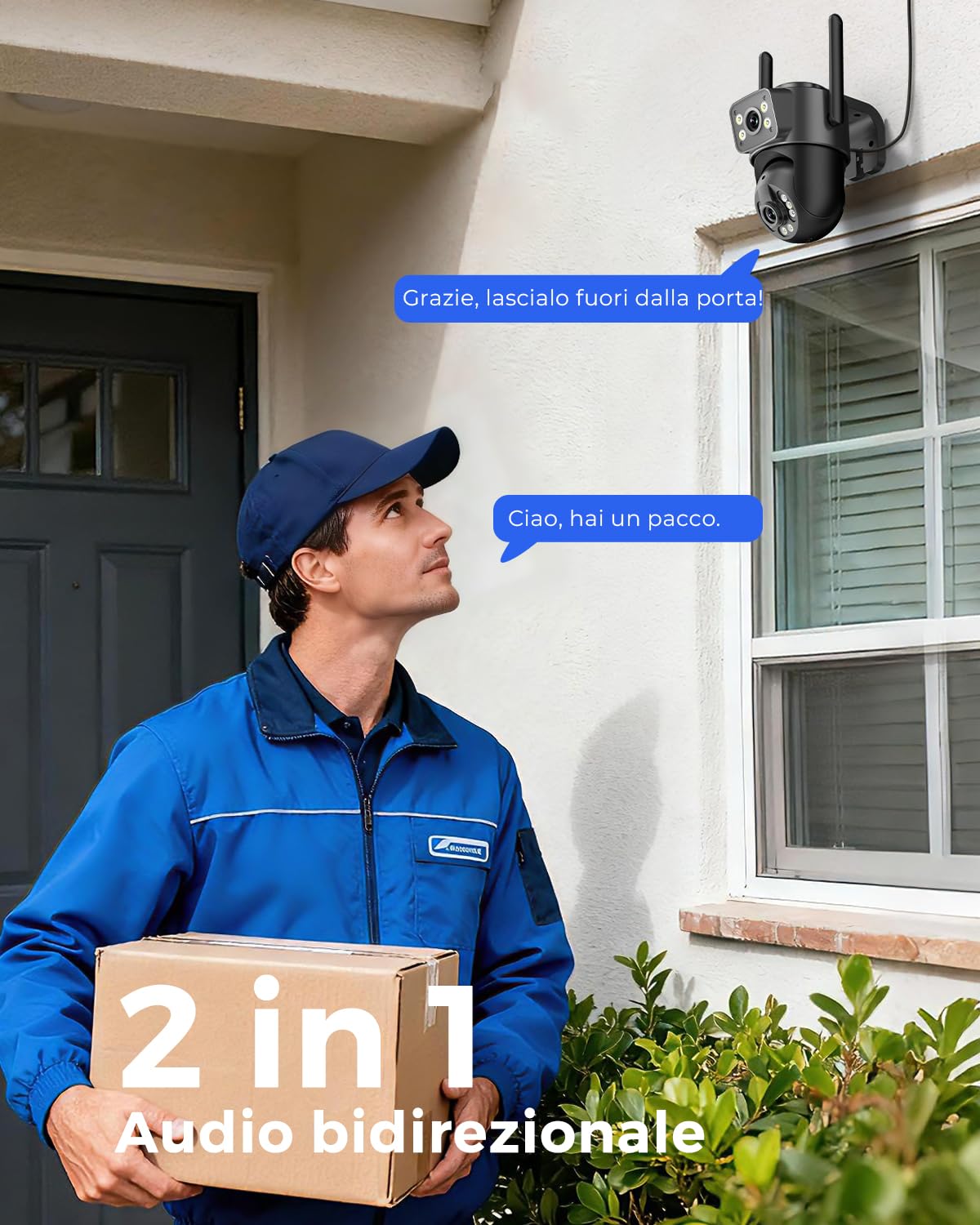 Reobiux 2K Telecamera Wi-Fi Esterno, 360° PTZ Videocamera Sorveglianza Esterno con Doppia Lente, Colori Visione Notturna, Tracciamento Automatico, Registrazione 24/7, IP66
