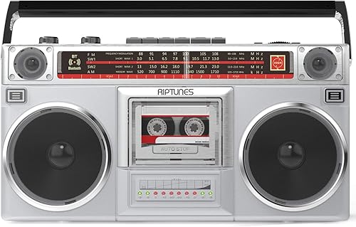 Miniatura 10 de Riptunes Boombox - Grabadora de casete de radio, radio AMFM -SW1SW2, transmisión inalámbrica, ranuras USBMicro SD, entrada auxiliar, conector de