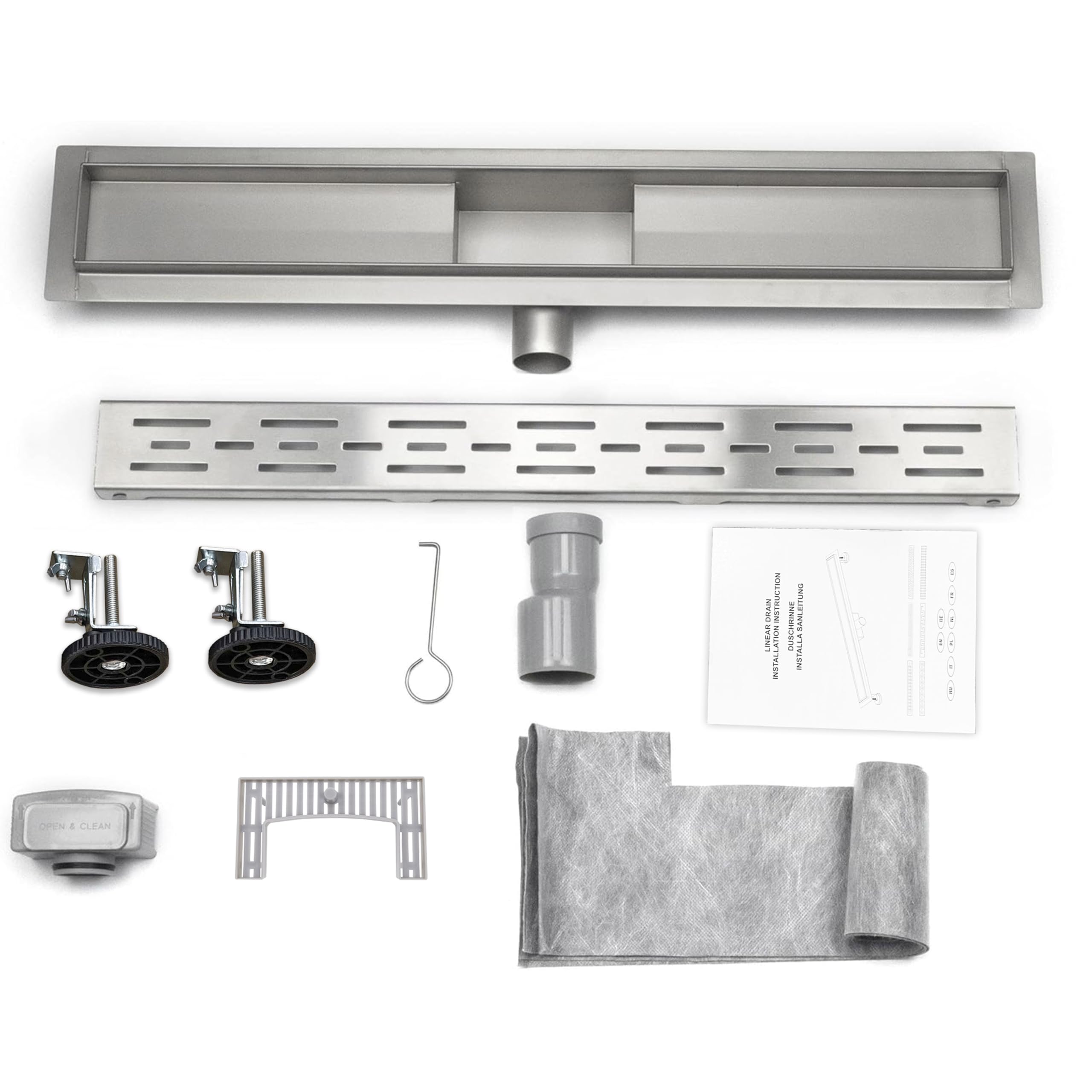 Caniveau de douche 70cm, gouttière d'écoulement en acier inoxydable plate, siphon avec système anti-odeurs, tamis à cheveux pour évacuation de douche, écoulement de sol pour salle de bains
