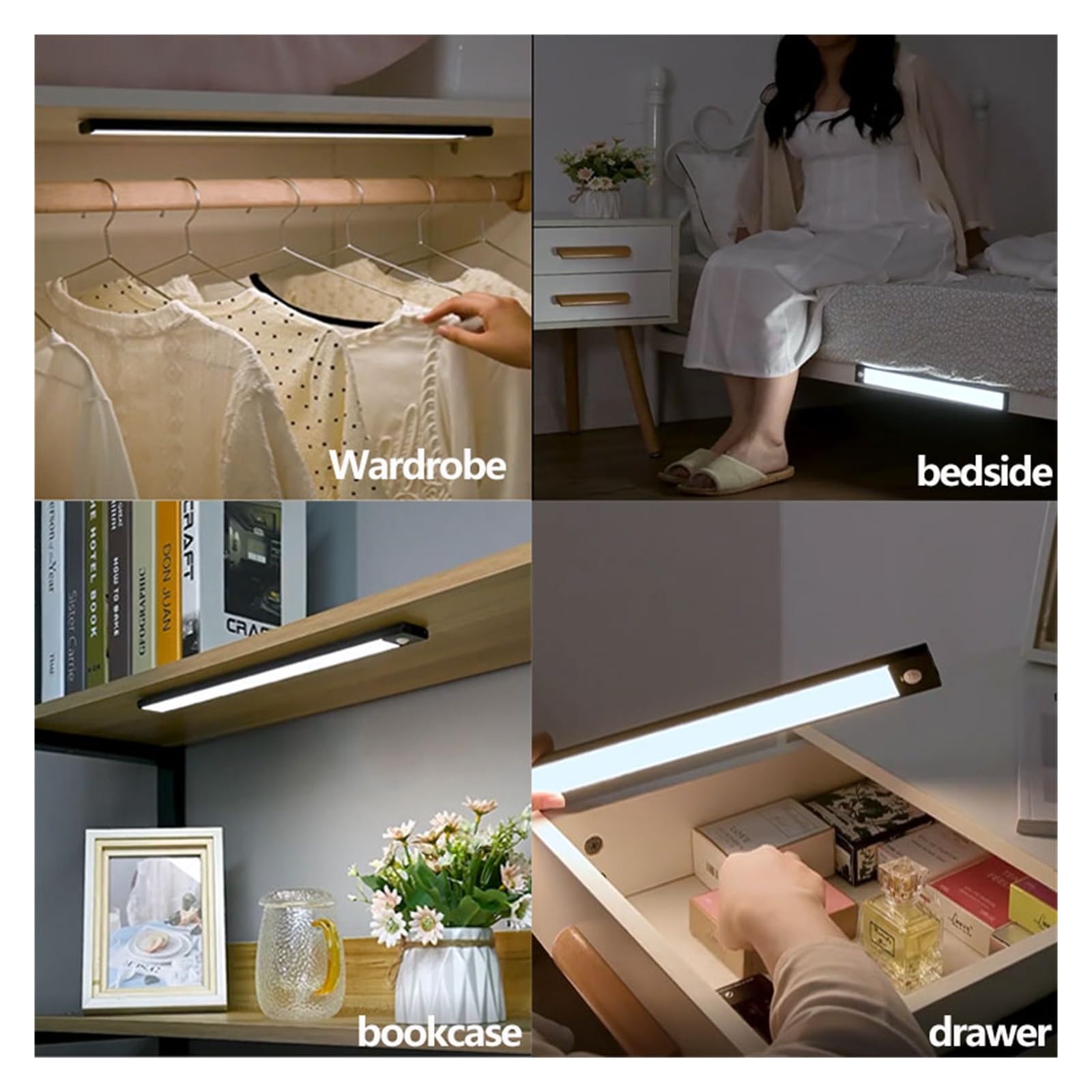Luces Bajo Armario Luz LED Nocturna Con Sensor De Movimiento For Debajo Del Armario, Iluminación USB, Lámpara For Cocina, Magnética Recargable(6000K Cold White,40cm Black)