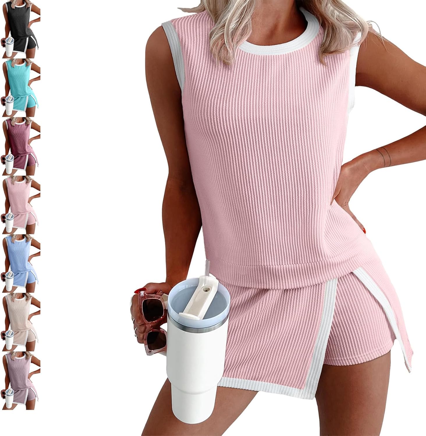 Womens 2 Piece Lounge Set Summer Tank Top and Split Lined Skirt Matching Set Casual Ribbed Knit Outfits