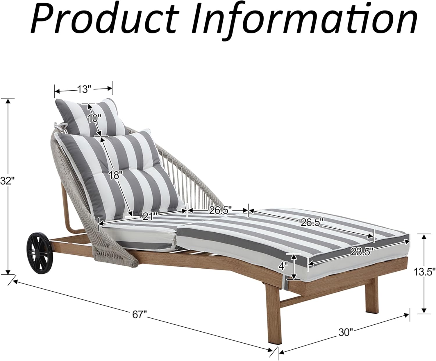 Lounge Chair Outdoor Set of 2 Chaise Lounger, Rope Lounge Chair Patio Chairs with Cushion & Backrest, Outdoor Chaise Lounges for Backyard, Poolside, Patio, Garden, Stripe