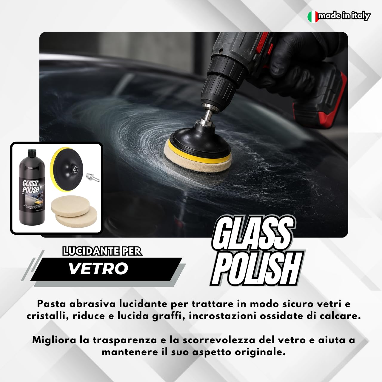 Glass Polish 1 Kg Kit Lucidatura Vetro Auto con Ossido di Cerio, Pasta Lucidante Vetri, Platorello Ø150 mm, 2 Feltri Ø150 mm e Adattatore M14 per Trapano