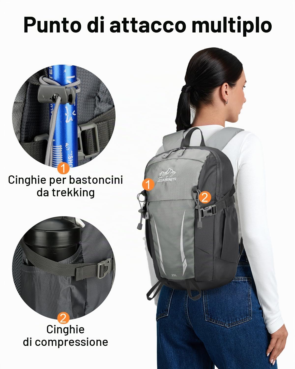 15L Zaino Trekking Uomo Donna, Zaino Escursionismo Piccolo con Striscia Riflettente, Zaini Sportivo Multitasche per Viaggio Campeggio, Grigio
