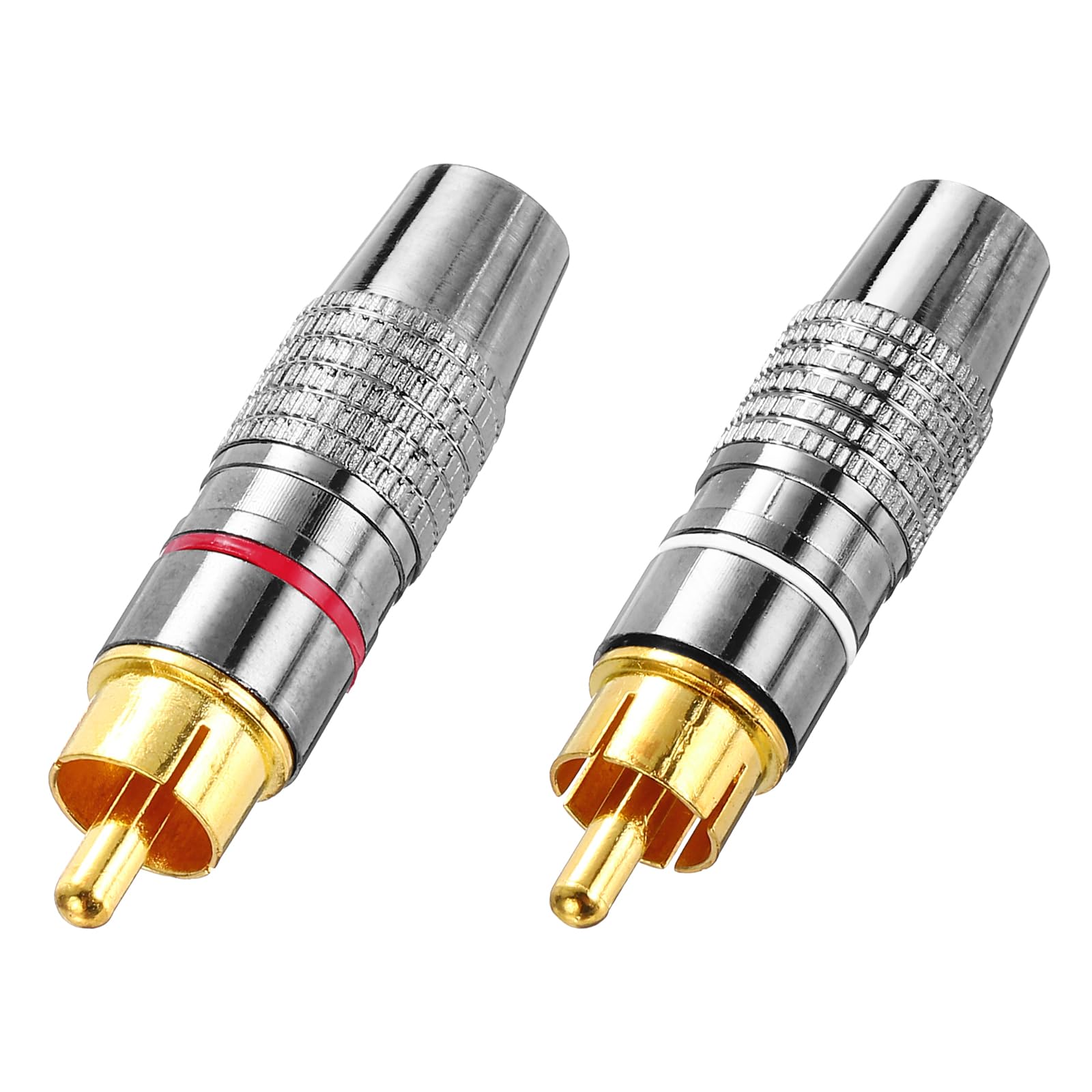 MECCANIXITY 4Pcs RCA to Speaker Wire Connector, RCA Solderless Male Silver Plated Stereo Audio Connector Adapter 8MM Jack Plug