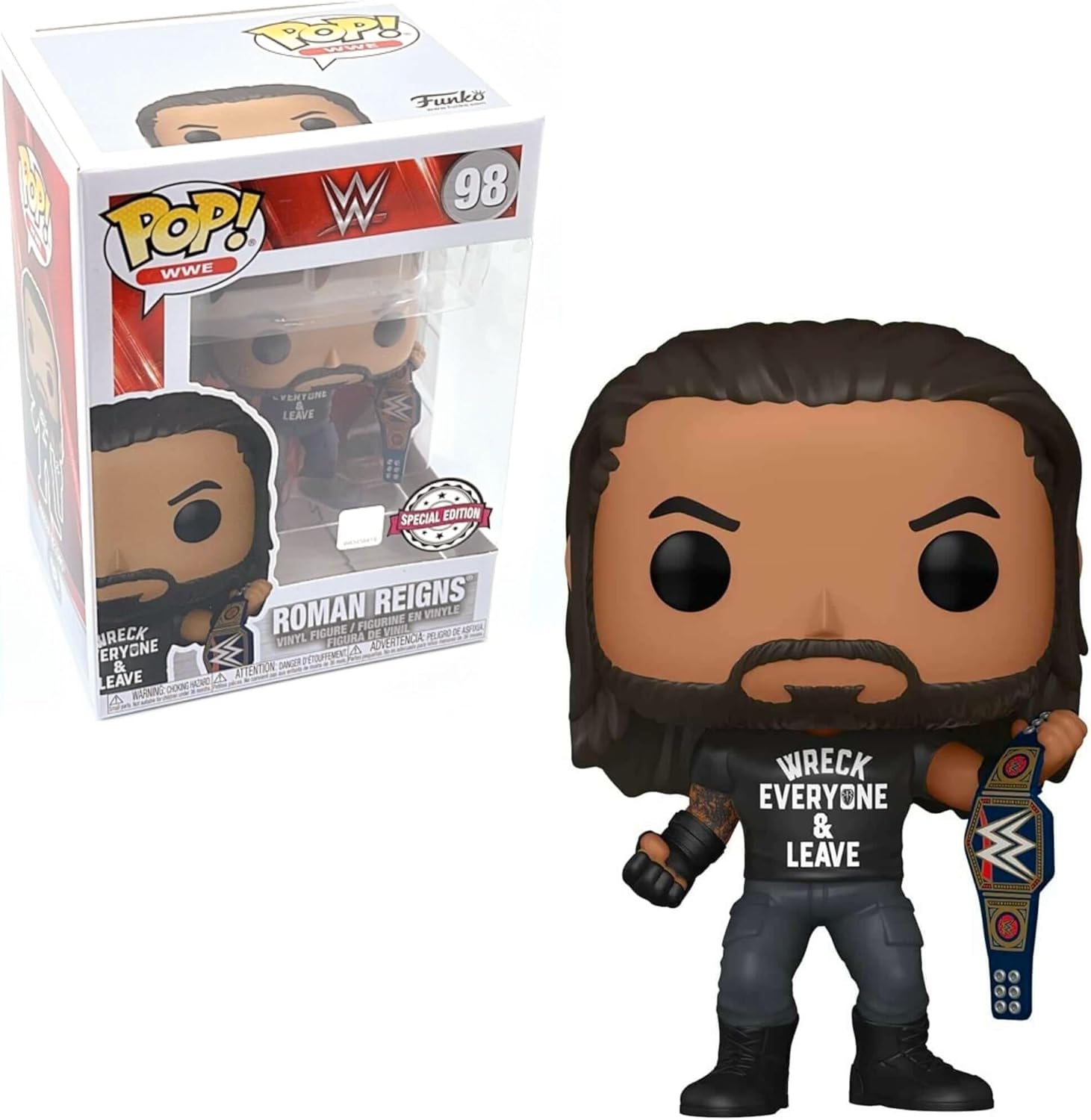 Funko POP WWE: Roman Reigns with Title, Wreck Everyone and Leave, Amazon Exclusive Vinyl Figure, Multicolor, (57309)